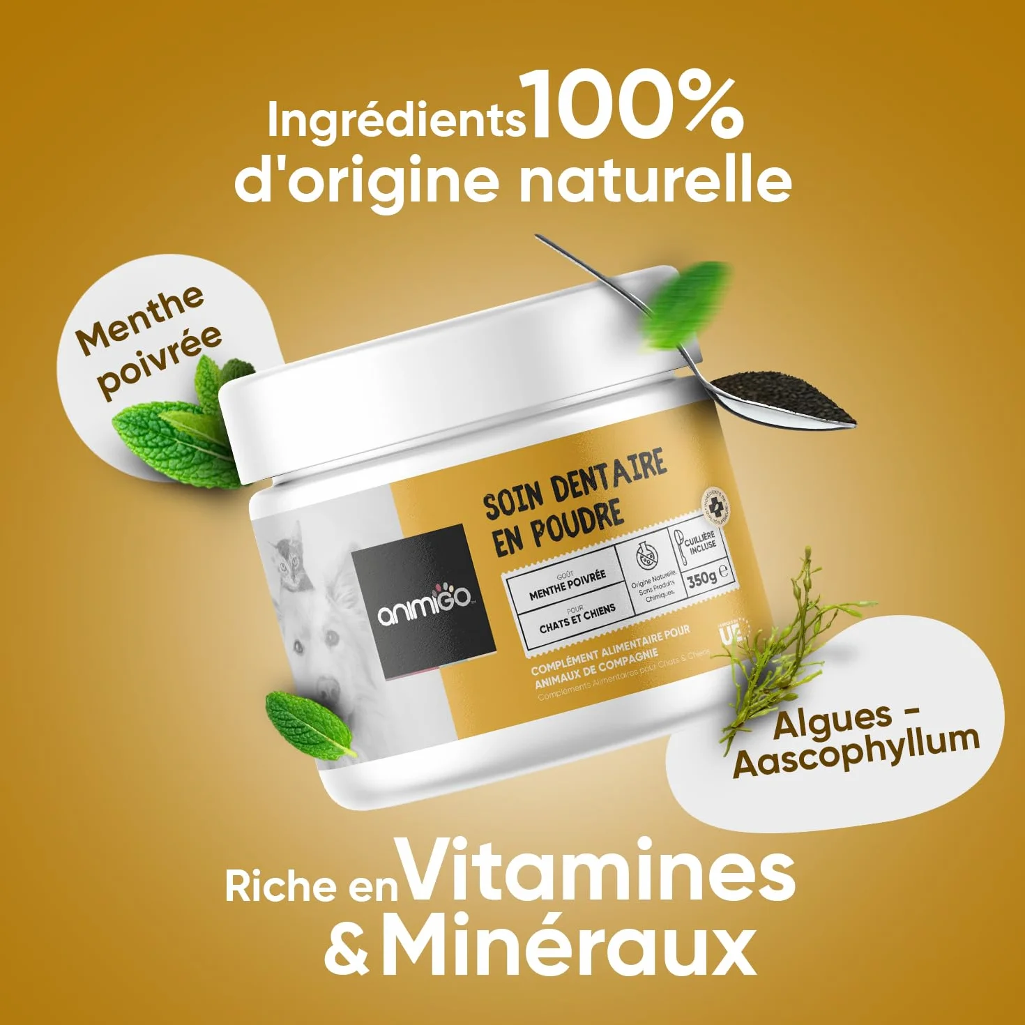 Poudre Soin Dentaire Chien et Chat 350g - Algues Varech Anti Tartre, Plaque Dentaire & Mauvaise Haleine Chien - Nettoyage des Dents Détartrage Efficace À La Menthe Poivrée - Hygiène Bucco-Dentaire