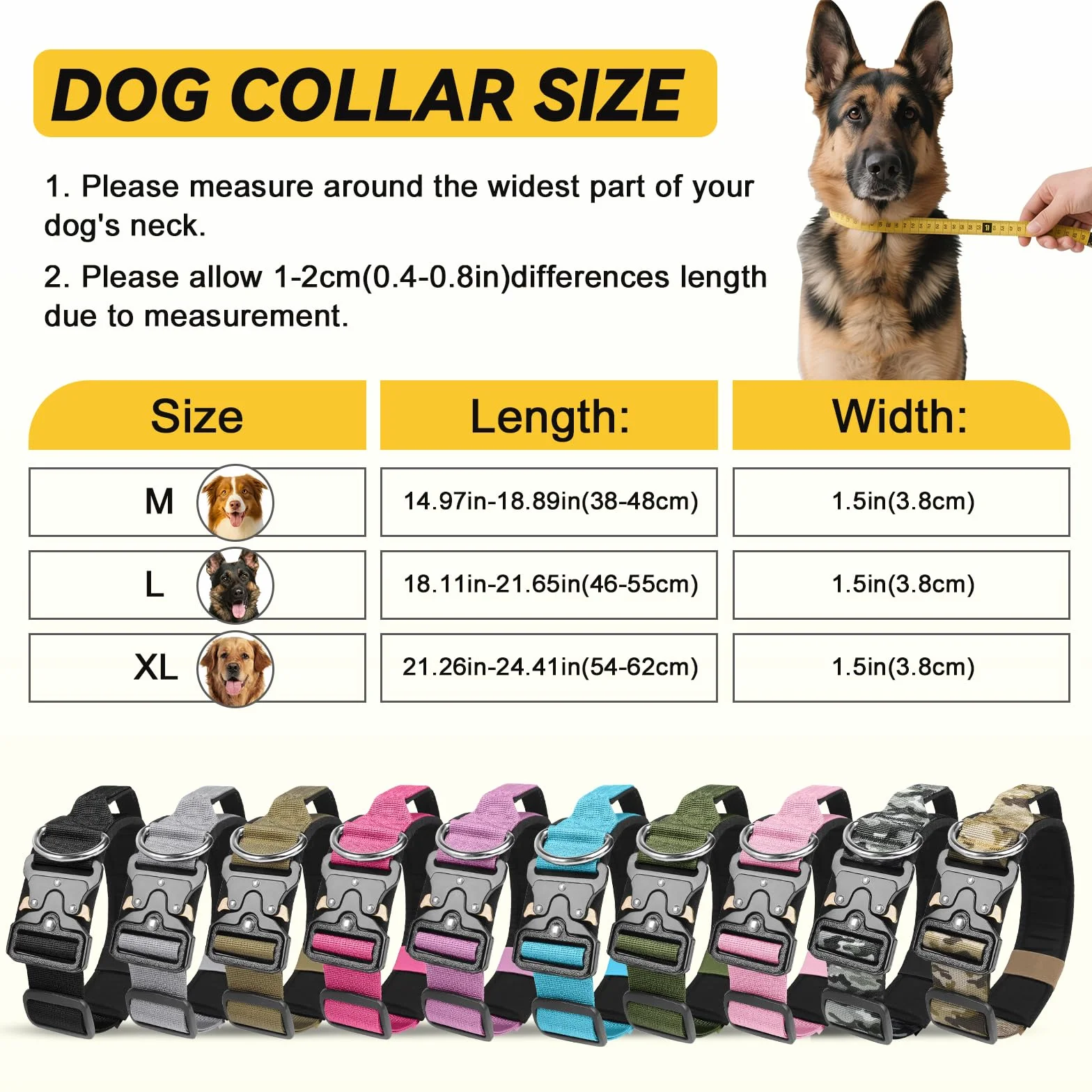 Collier Tactique pour Chien Durable Nylon Réglable avec Poignée Boucle Métal Noir XL
