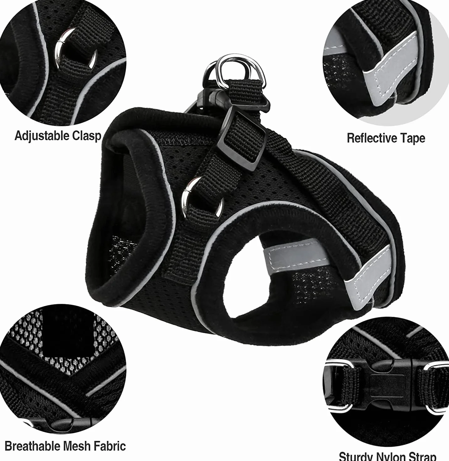 Harnais Chat Anti évasion Réfléchissant Respirant Réglable avec Collier et Laisse en Maille pour Animaux de Compagnie Noir