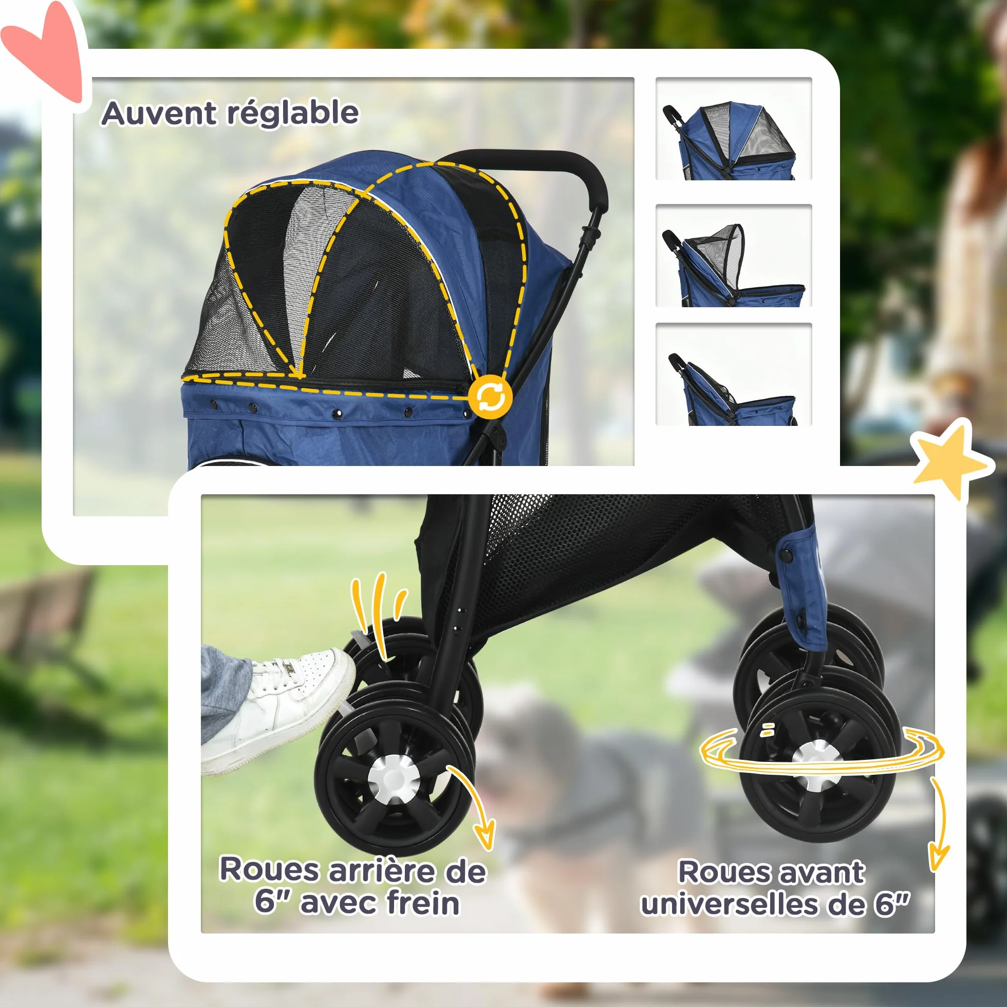 PawHut Poussette Buggy Pliable pour Chien et Chat, Tissu 600D Oxford, 4 Roues, Bleu