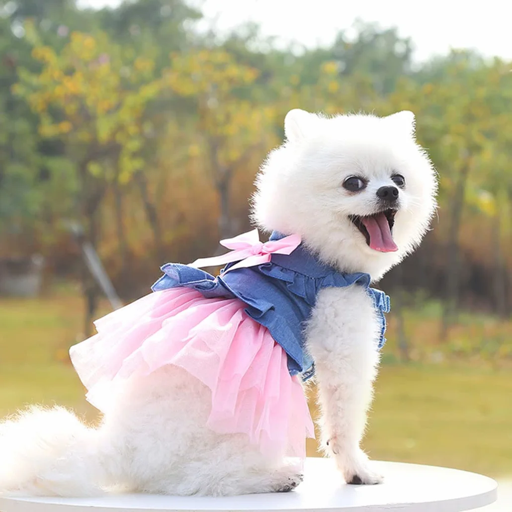 XIAOYU Chien Robe d'été Bowknot Princesse Jupe Denin Gilet Chemises Douce Vêtements pour Animaux de Compagnie Rose XL