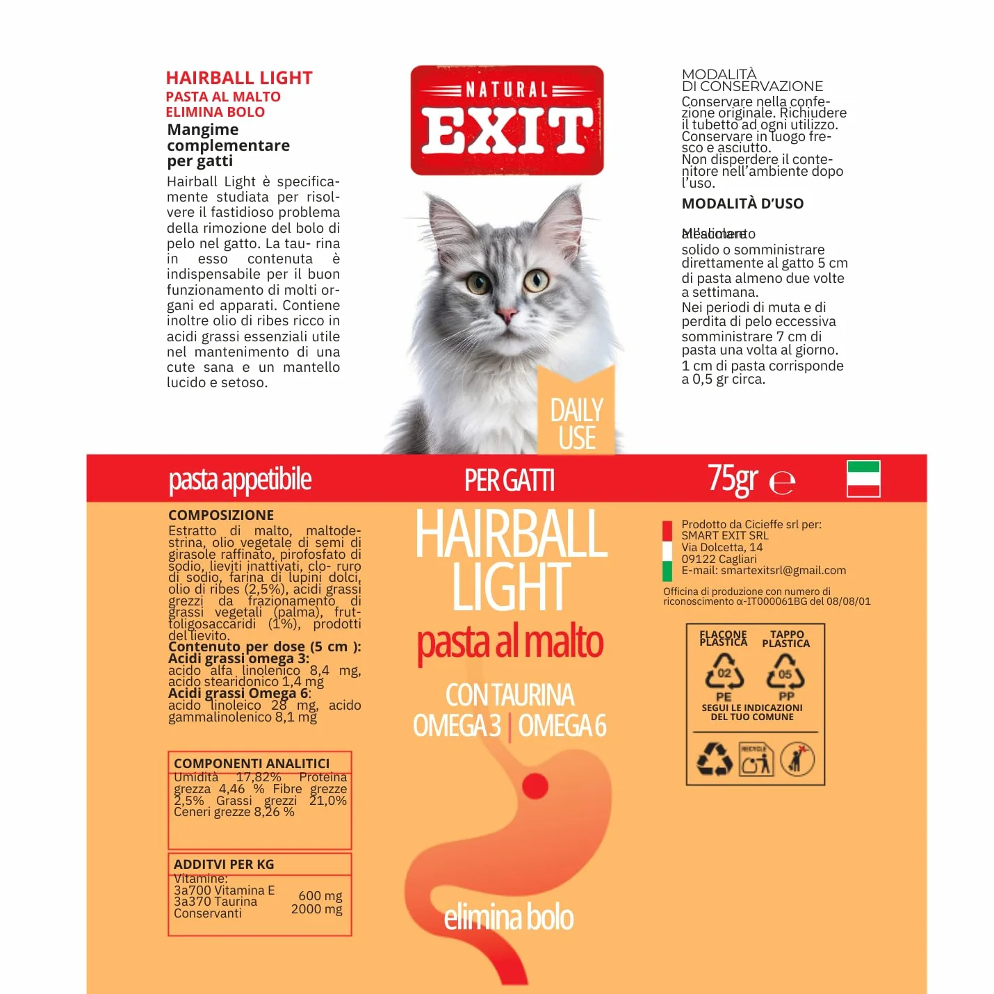 Pâtes au Malt pour Chats Anti-Bolo 75g avec Taurine Omega 2 et Omega 6
