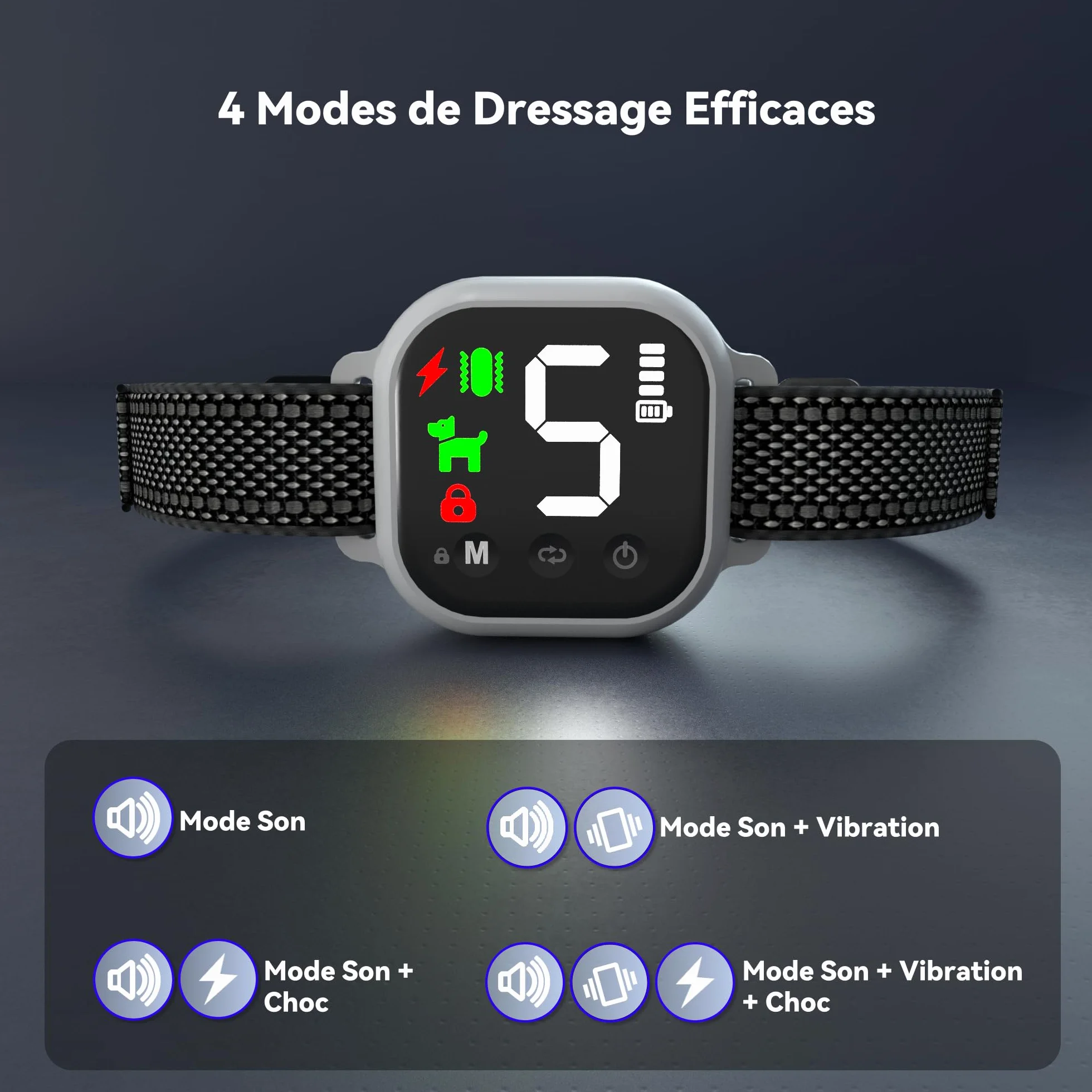 Collier Anti Aboiement Chien Intelligent 4 Modes Son Vibration Choc Statique IP67 Étanche Rechargeable Blanc