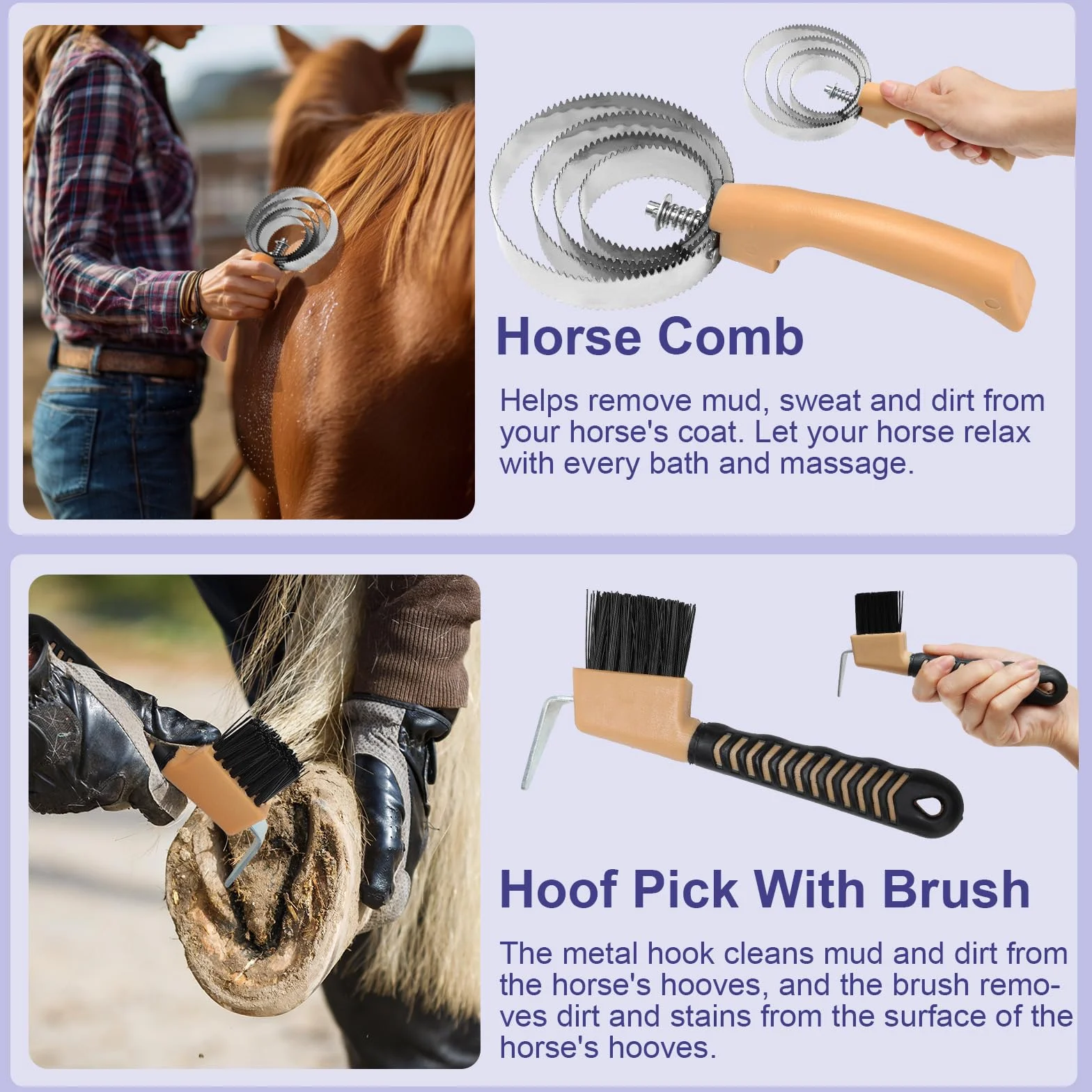 Kit de pansage Horse Care 13 pièces avec sac de rangement, brosses pour chevaux, jaune