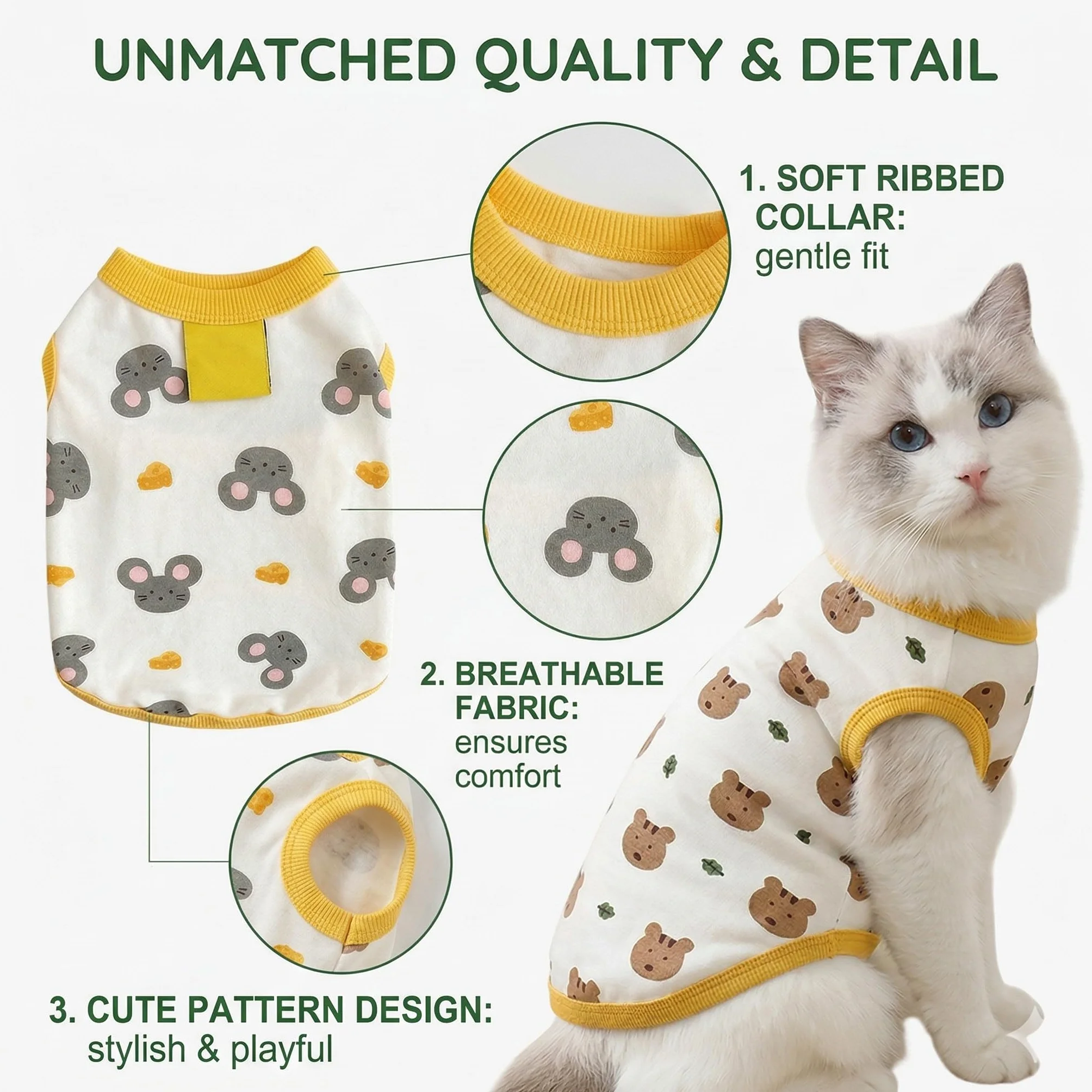 Body pour Chat et Chaton Taille L, Vêtement Doux et Respirant avec Motif Ours et Souris, Vert et Jaune