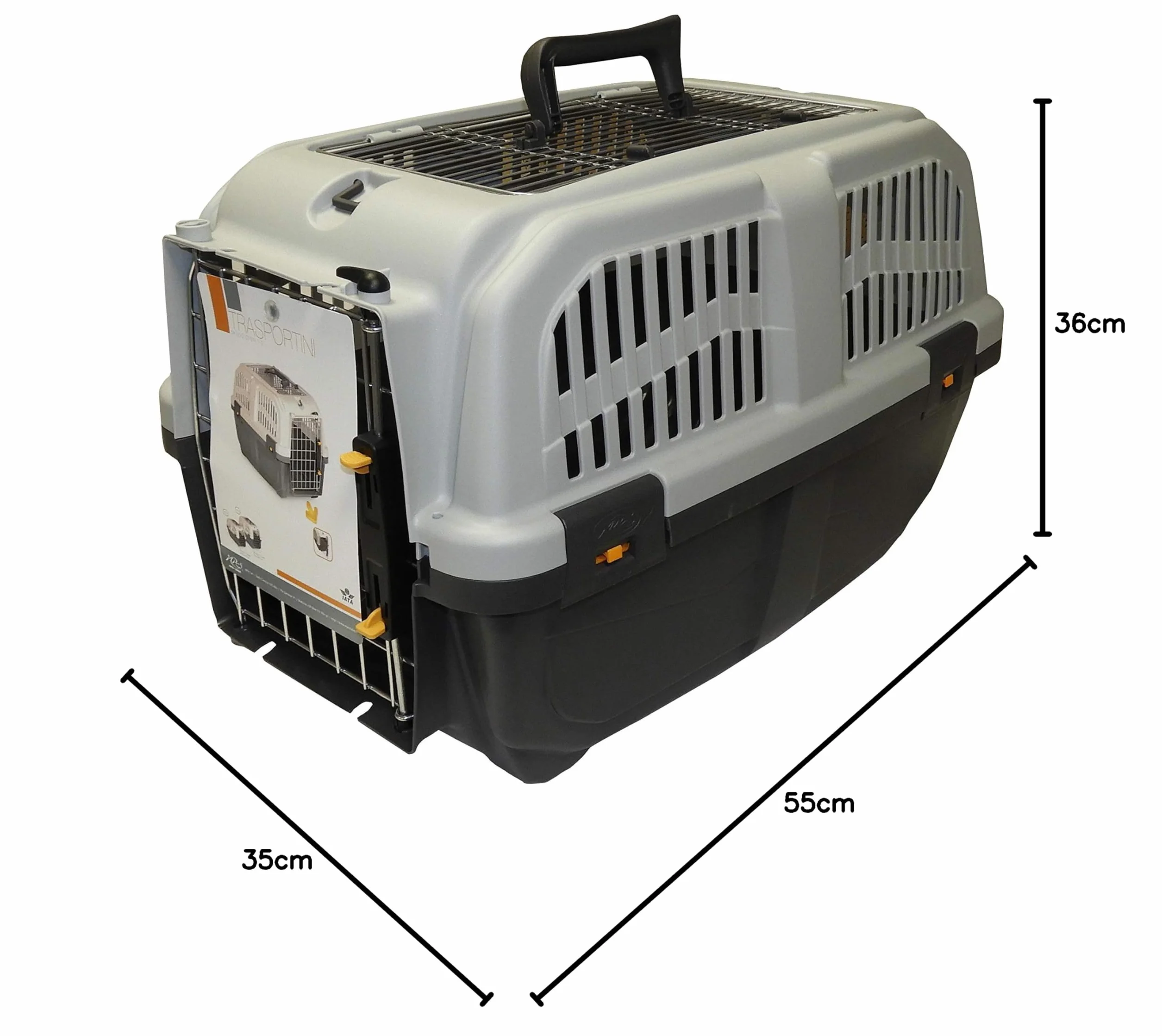 Caisse de Transport Chat et Chien avec Aérations Latérales, Grilles en Métal, Loquet de Sécurité, Grise 56x36x35 cm