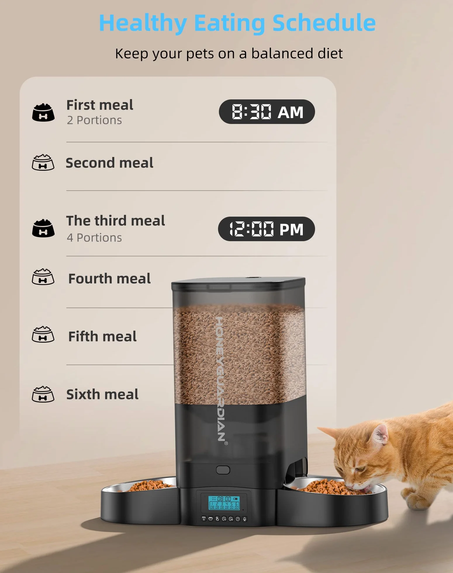 Distributeur Croquettes Automatique pour 2 Chats, 5L, Bols Acier Inoxydable, Enregistrement Vocal 10s, 1-6 Repas/Jour