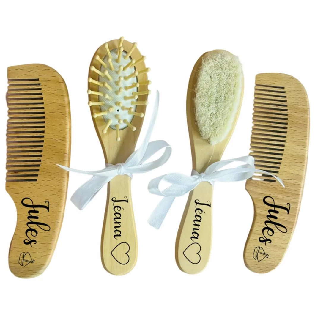 Brosse À Cheveux Bébé Personnalisée en Laine pour Nouveau-né, Peigne en Bois Portable