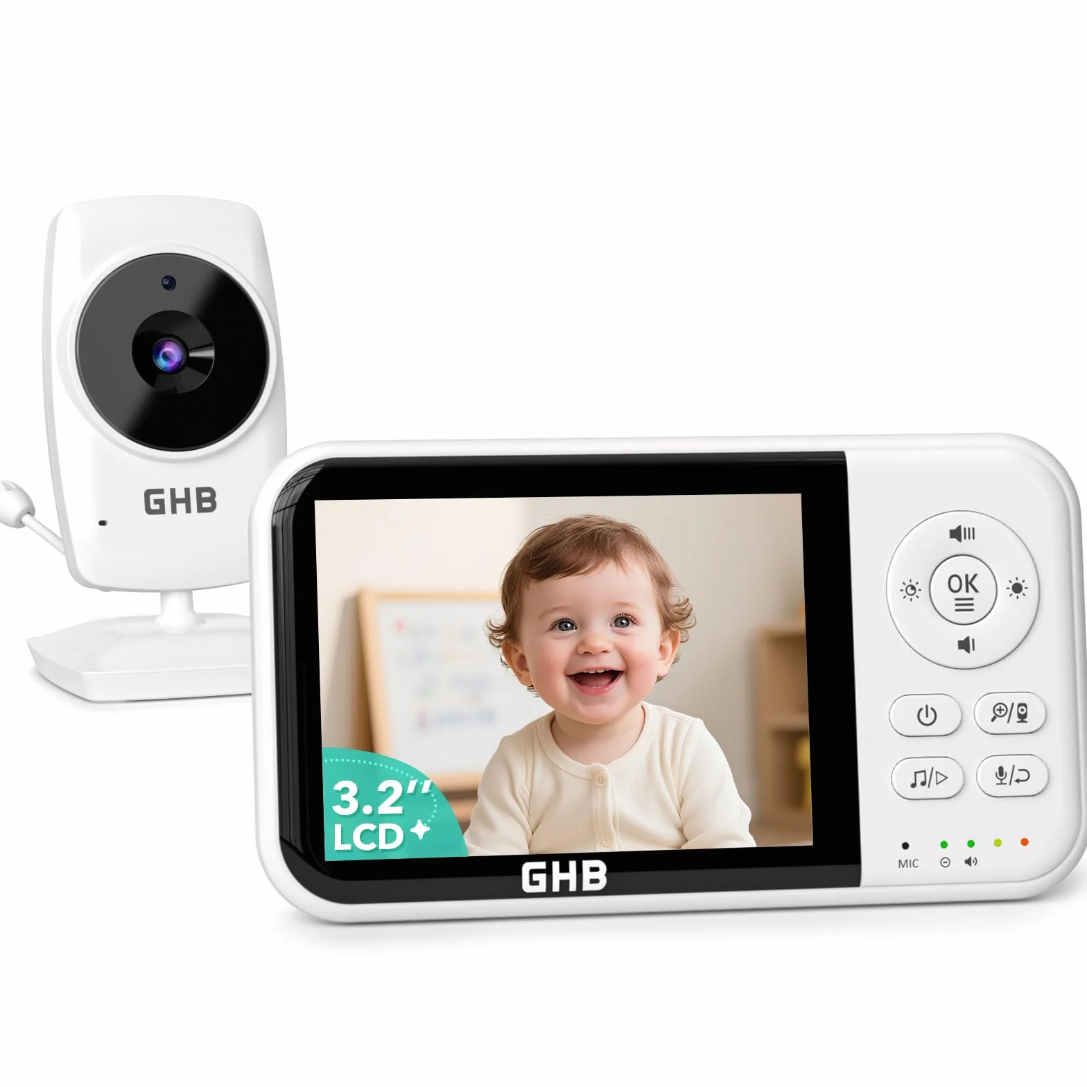 Babyphone Caméra Bébé Surveillance 3,2 pouces LCD 2100mAh Capteur de Température Vision Nocturne 2X Zoom Audio Bidirectionnel