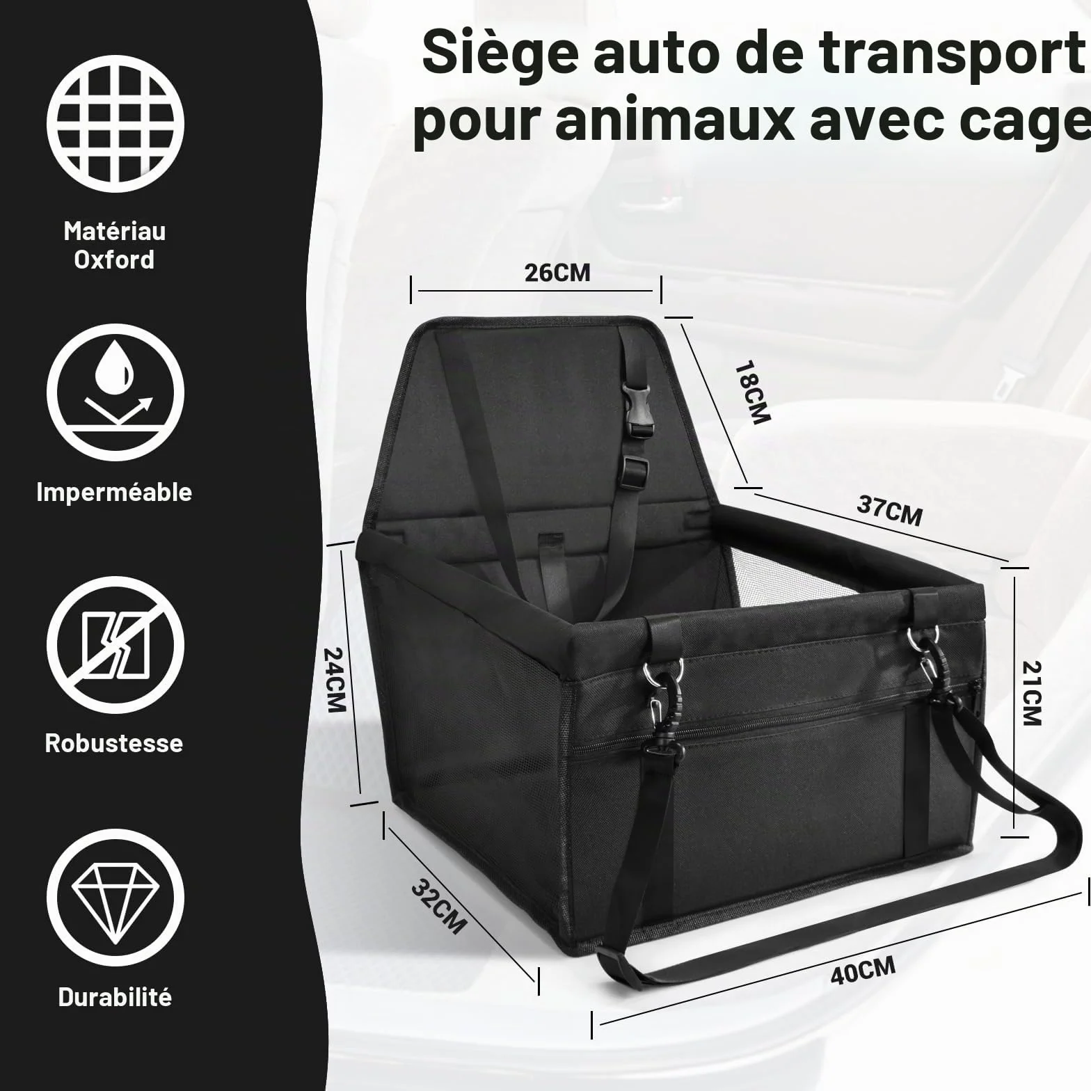 CIMOYBAI Siège Auto pour Chien, Tissu Oxford, Respirant, Lavable, Pliable (Schwarzer)