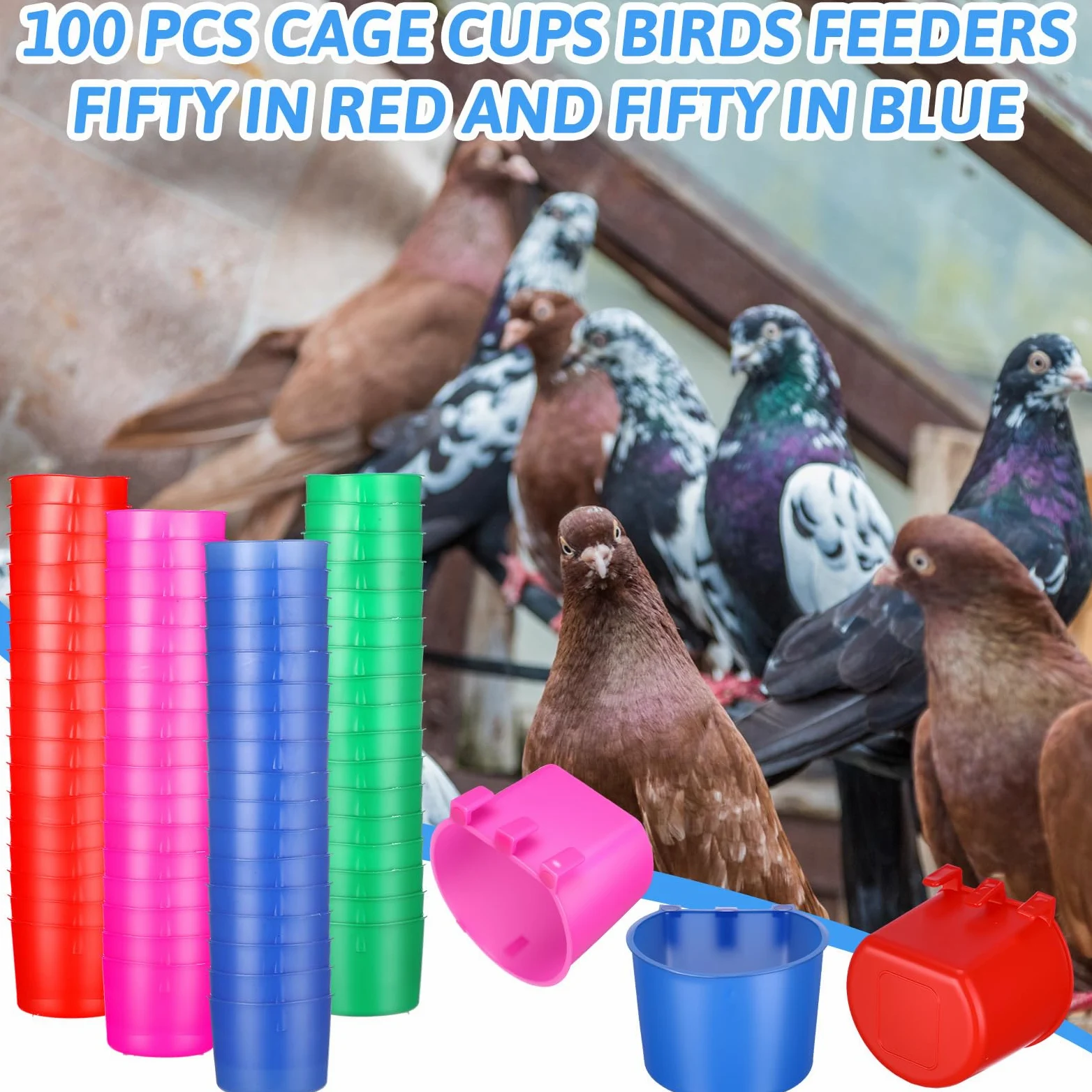 Lot de 100 mangeoires pour poulet - 236,8 g - À suspendre - Pour nourriture et eau - Pour volaille, animal domestique, perroquet, perruche, pigeon (bleu, rouge, rose rouge, vert)