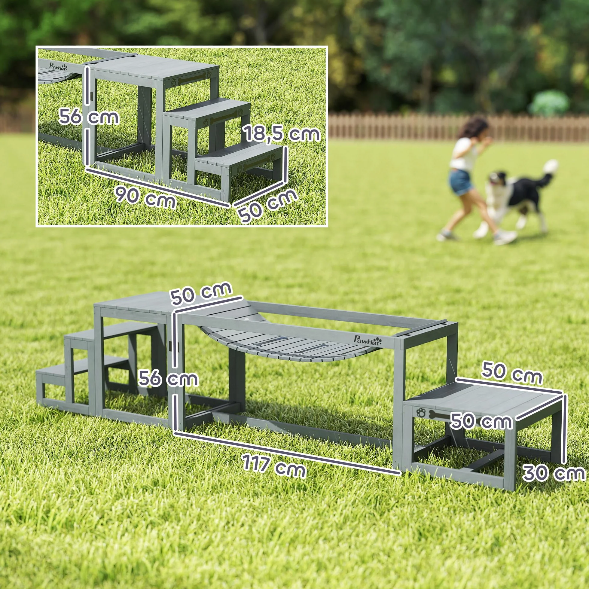 PawHut Kit d'agilité pour Chien 3 Pièces Pont Souple Plateforme de Pause Escalier Bois Massif Gris