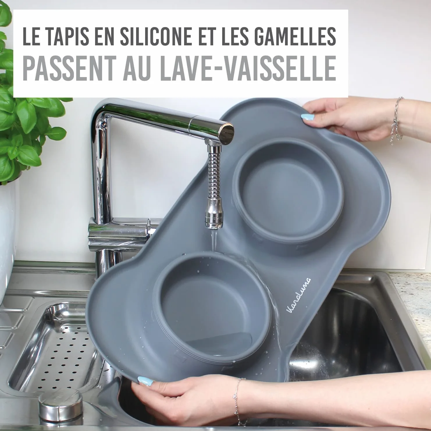 Tapis pour gamelle en Silicone KaraLuna avec gamelles en Acier Inoxydable Lot de 2 gamelles pour Chat 200ml Gris