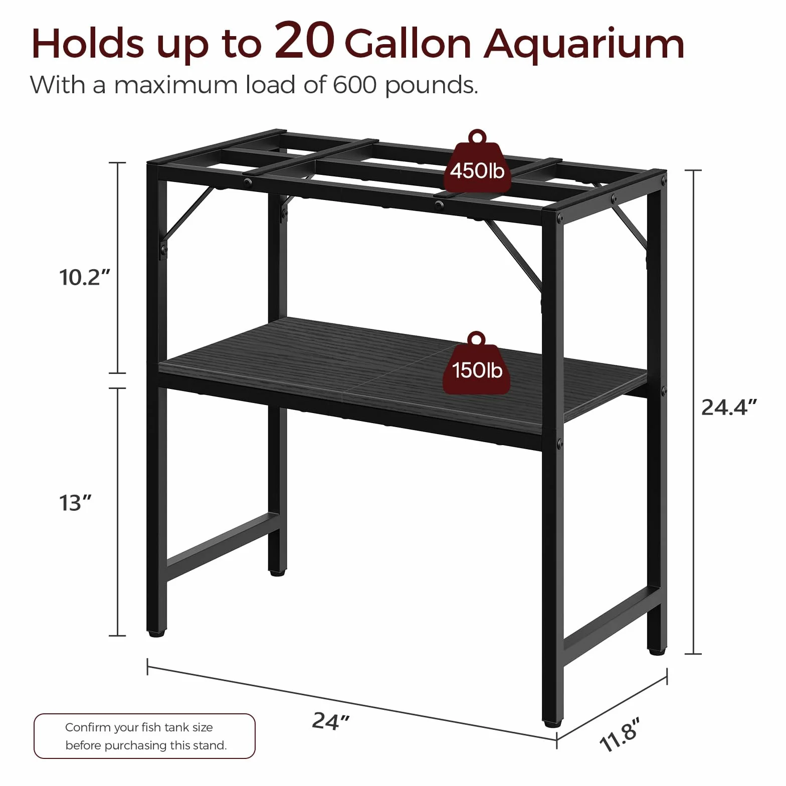 MAHANCRIS Support d'aquarium 20 gallons, 2 étagères, 61 x 30 x 62 cm, Noir
