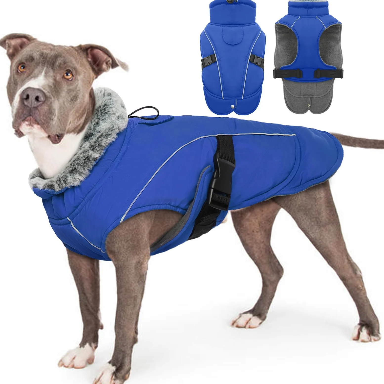 Manteau d'Hiver Chaud pour Chien - Veste Polaire Imperméable Coupe-Vent Réglable - Habit de Neige pour Temps Froid - Gilet Vêtements d'Hiver (Bleu, 2XL)