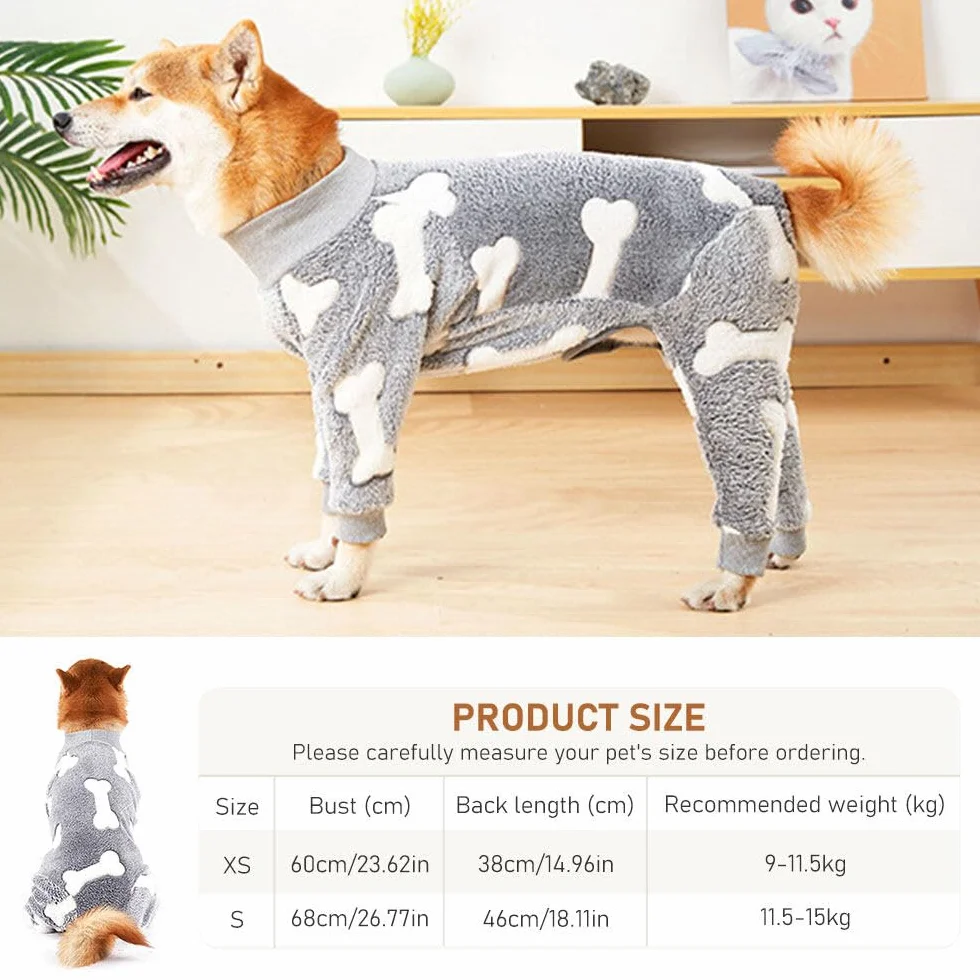 Pyjama Chien en Flanelle pour Petite à Moyenne Taille Combinaison Chirurgicale Anti-fuites Hiver (S, os+Gris)