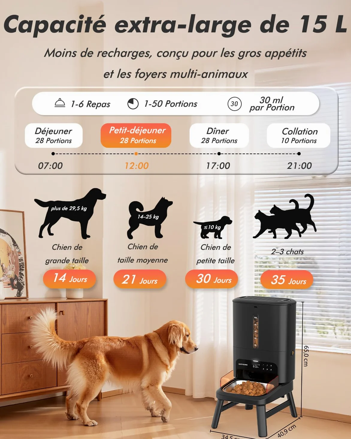 Distributeur Croquettes Chien Automatique, 15L Grande Capacité | Croquettes Jusqu'à 18mm, Support Réglable en 2 Hauteurs, Alerte Niveau Bas, pour Chien de Grande Taille et Chats Multiples