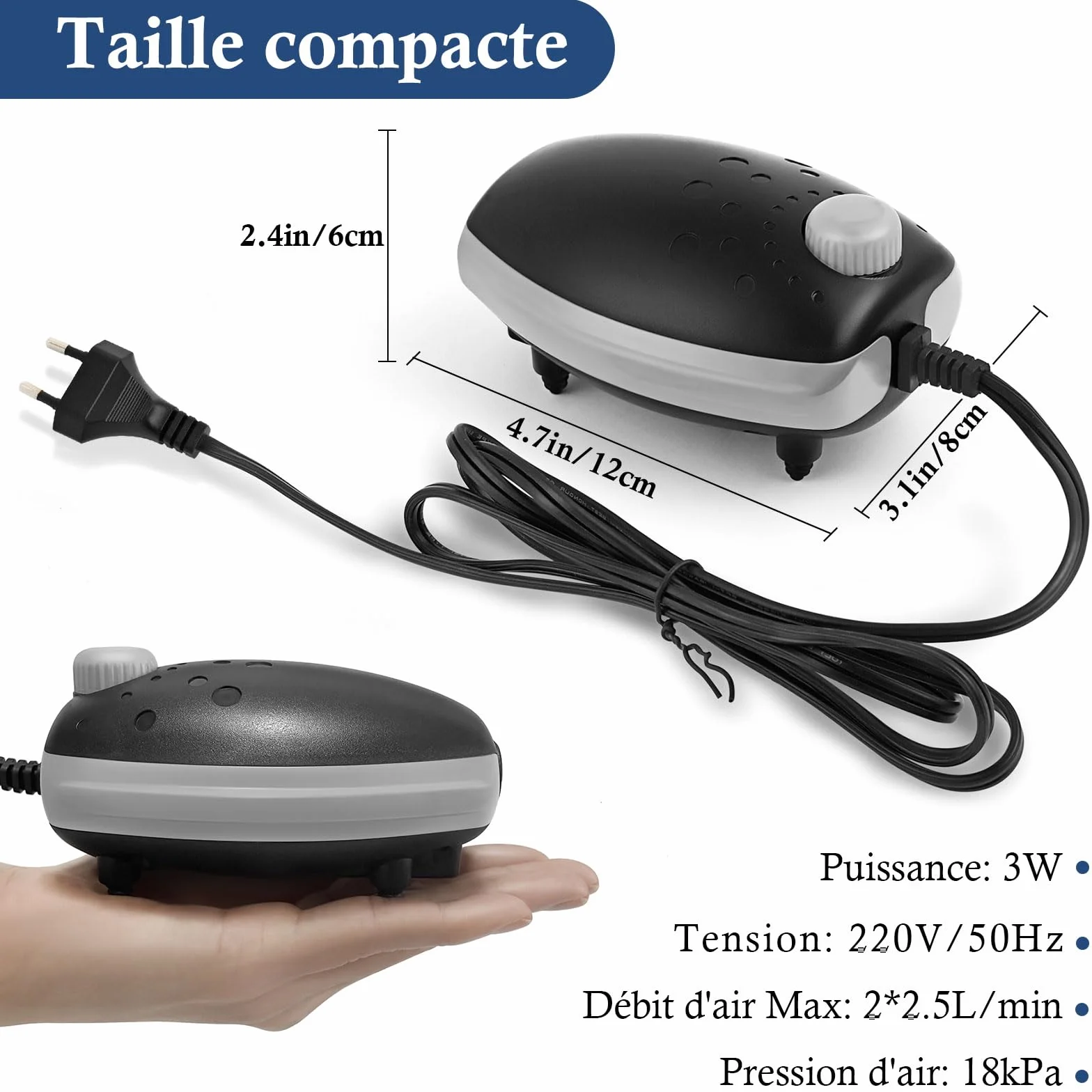 Pompe à Air pour Aquarium 300L/H Bulleur Silencieux Réglable 1–450L