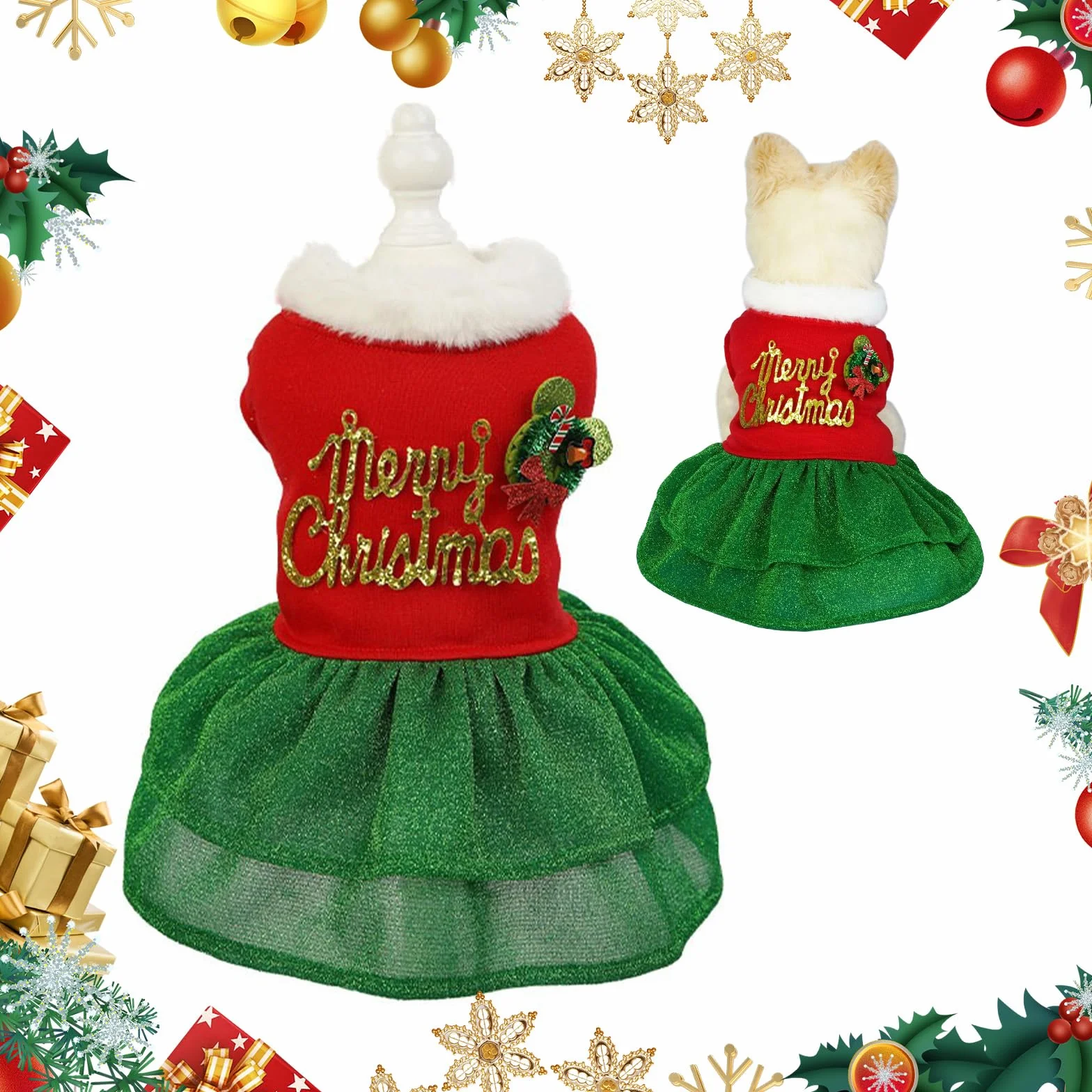 Robe de Noël pour chien en velours taille M - Costume de vacances d'hiver