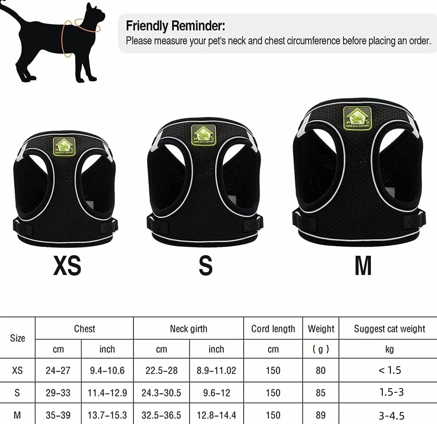 Harnais Chat Anti évasion Réfléchissant Respirant Réglable avec Collier et Laisse en Maille pour Animaux de Compagnie Noir