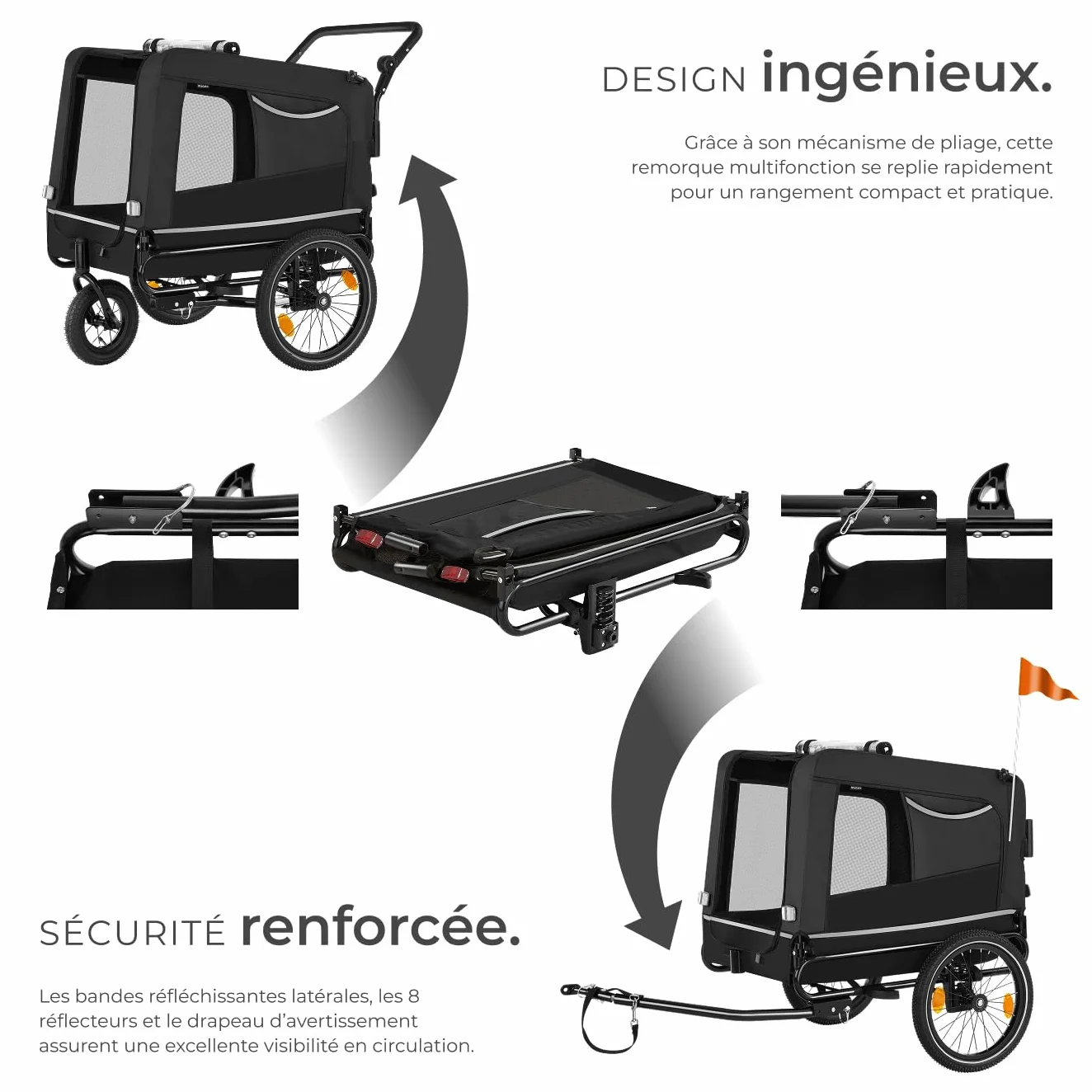 tectake Remorque Velo Chien 3 en 1 Pliable avec Reflecteurs, Drapeau, Charge Maximale 40 kg