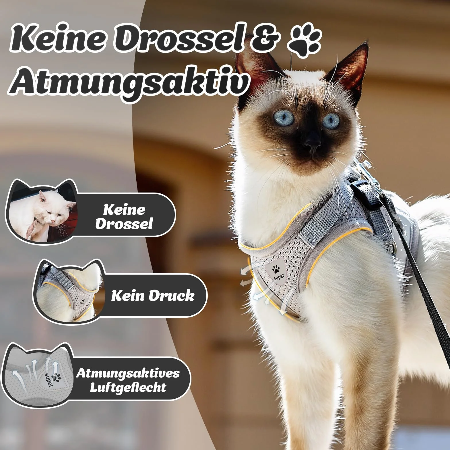 Harnais pour chat avec laisse anti-éclatement, réglable, doux, gris, taille S 26-32 cm