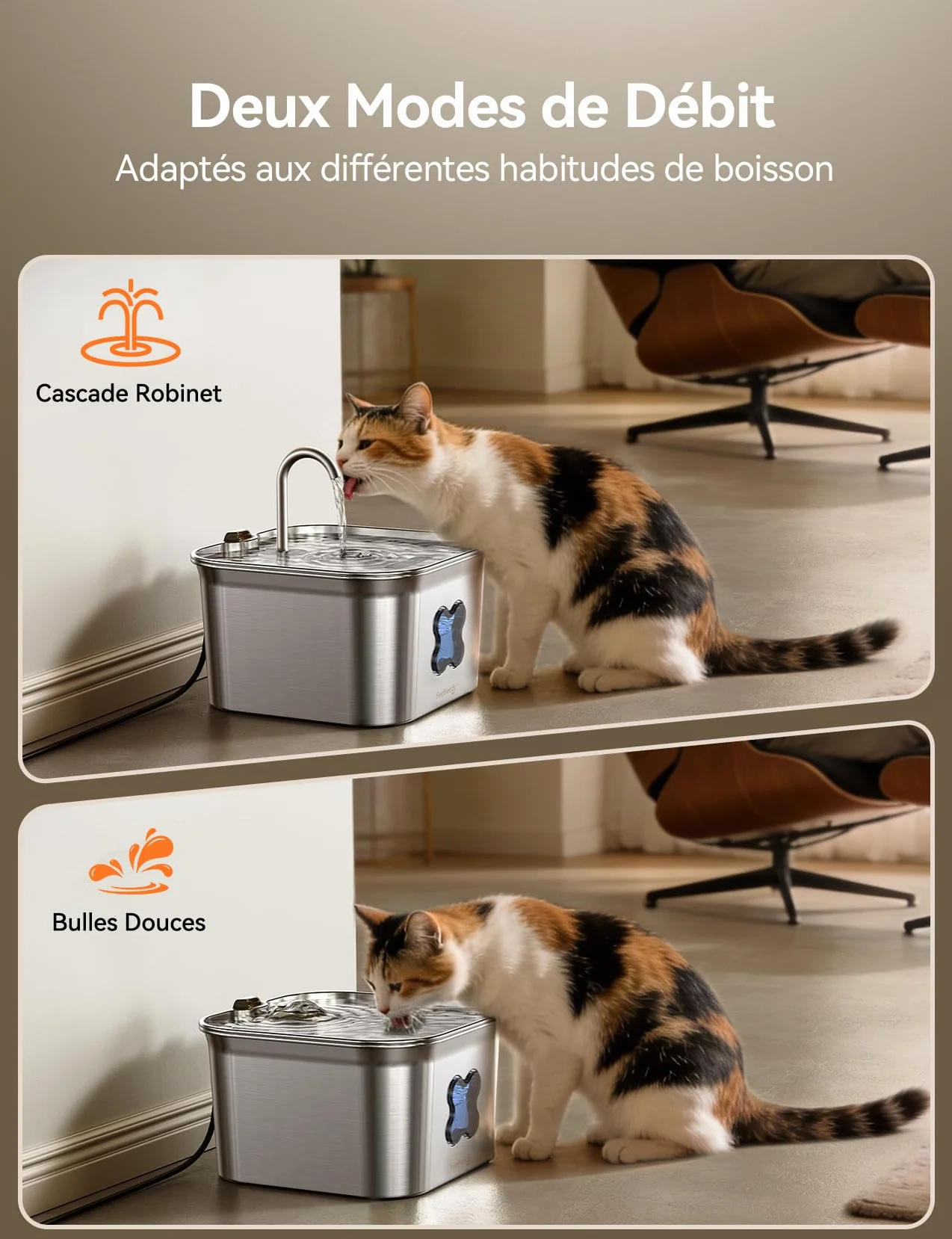 Fontaine à Eau pour Chat INOX 2,8L avec Système de Quadruple Filtration Silencieux