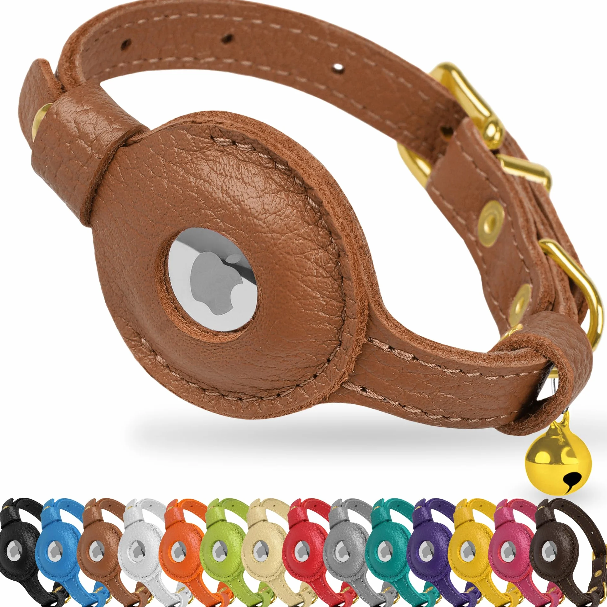 OOPSDOGGY Collier AirTag en Cuir pour Chat avec Clochette – Anti-Rupture Support Apple Air Tag GPS Léger (Brun)