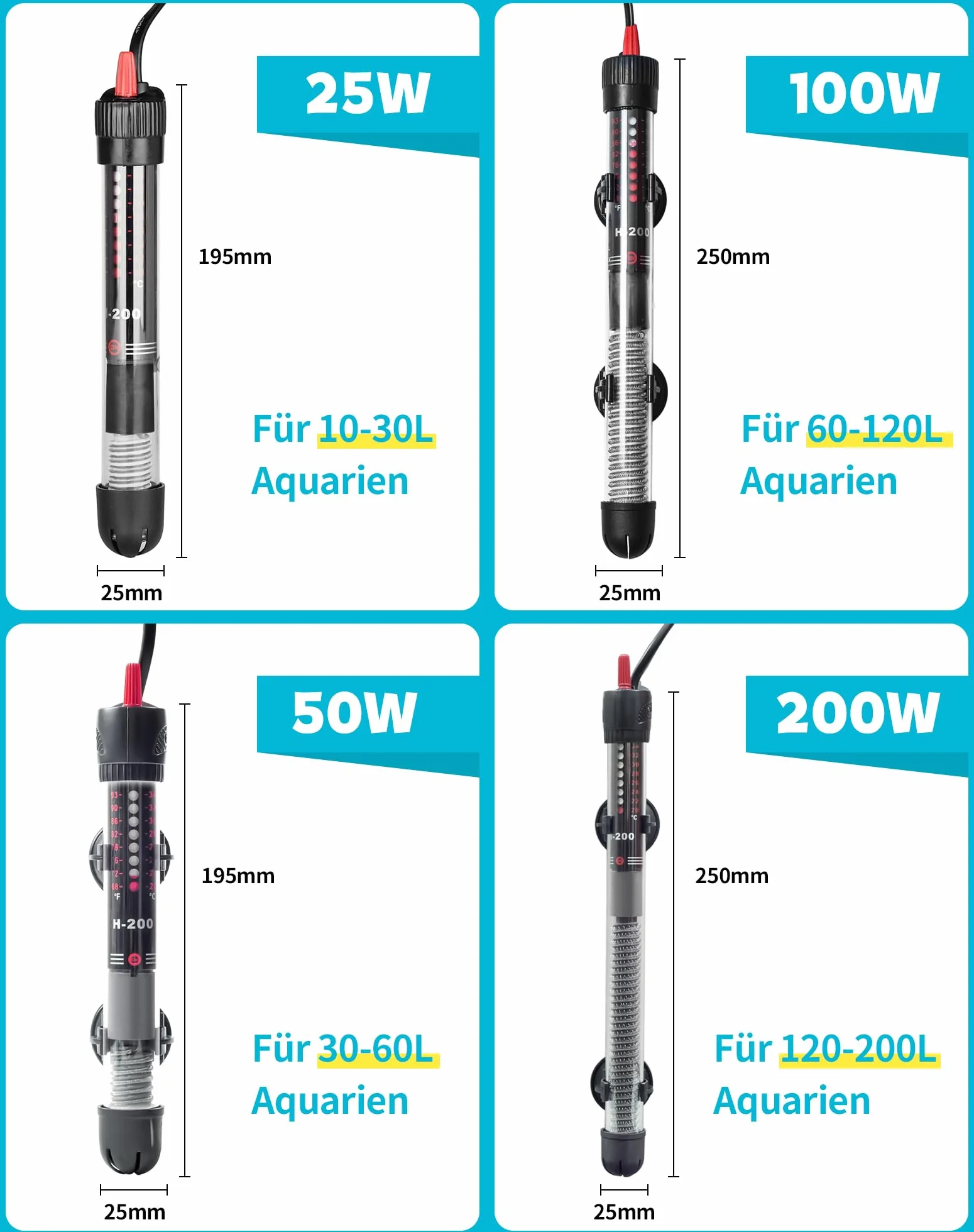 Chauffage Aquarium 50W 30-60L avec réglage 20-34°C