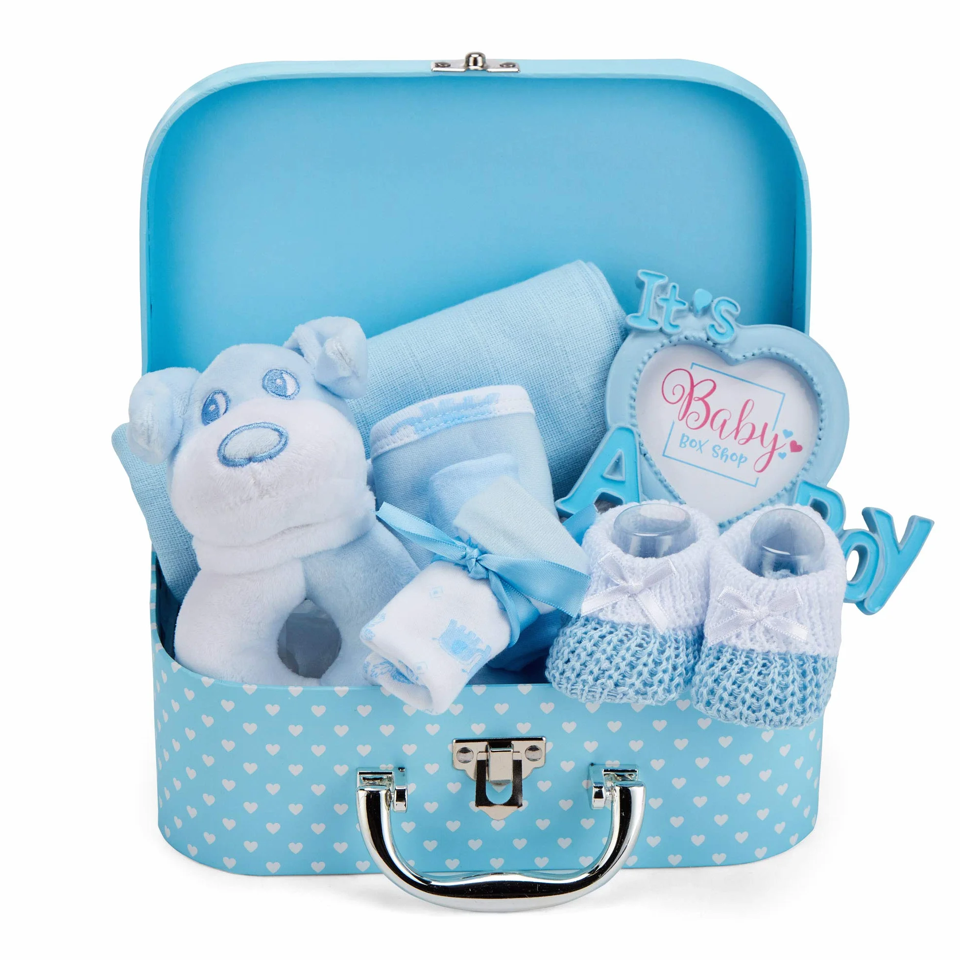 Coffret Naissance Bébé Garçon avec Cadeaux Hochet Cadre Photo Linge Mousseline Bavoir Chaussettes Mitaines Bonnet