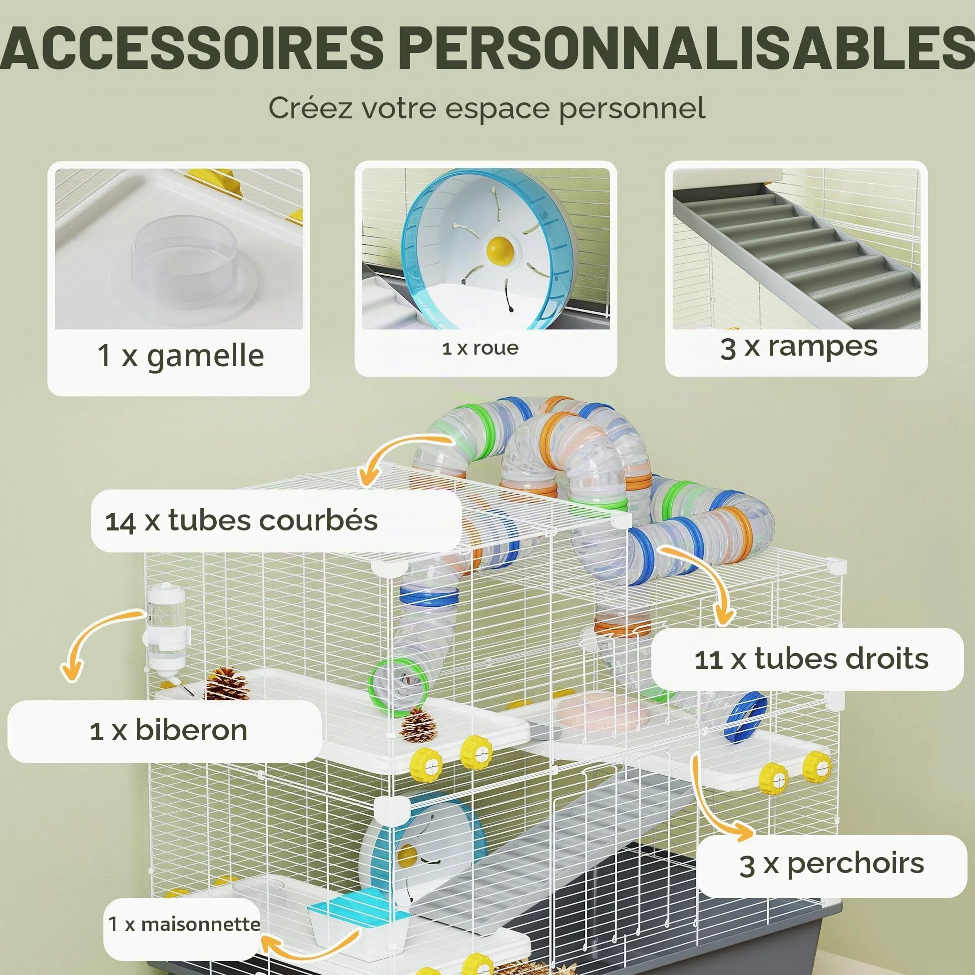 PawHut Cage Hamster 4 Niveaux avec Roue 78x45x73 cm Gris | Cage rongeur, bol nourriture, tunnel, cabane, porte supérieure, pour hamster syrien