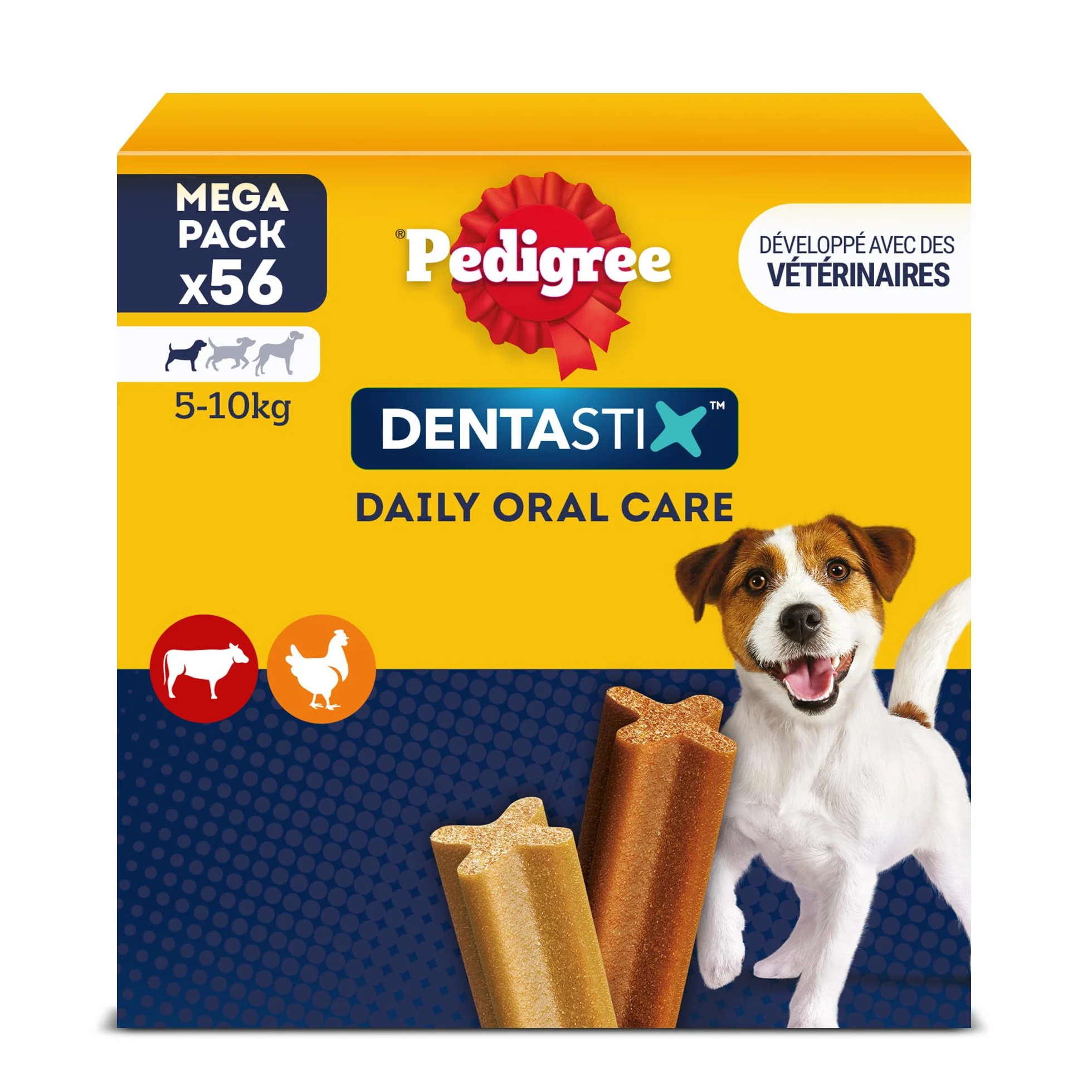 PEDIGREE DENTASTIX 56 Bâtonnets à Mâcher pour Petits Chiens 5-10kg, Saveur Poulet et Bœuf