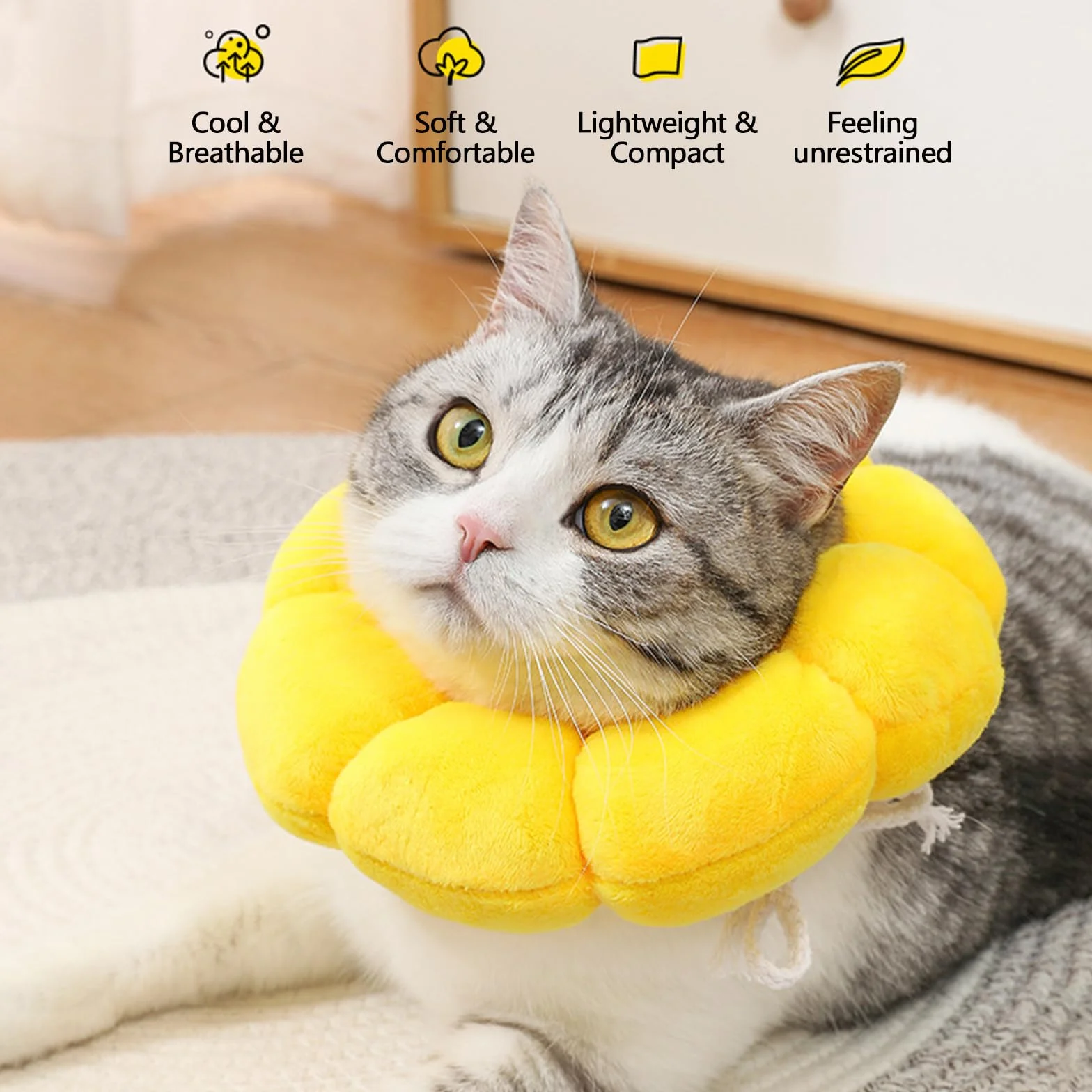 Collerette Chat Anti Léchage Ajustable Tournesol Doux Confortable Jaune L
