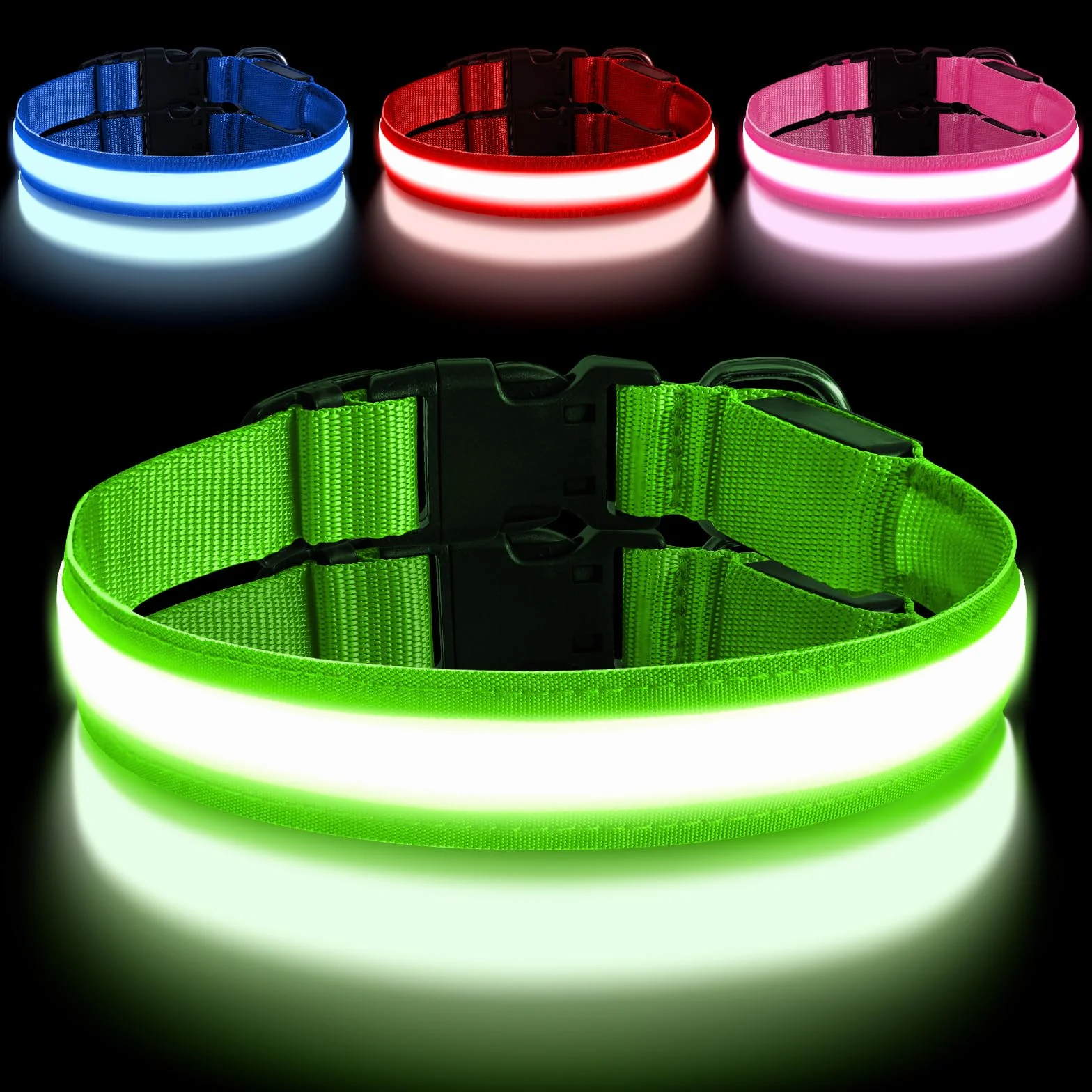AUAUY Collier Lumineux LED Rechargeable pour Chien avec Port Type-C, 3 Modes, Imperméable, Réglable (L, Vert)