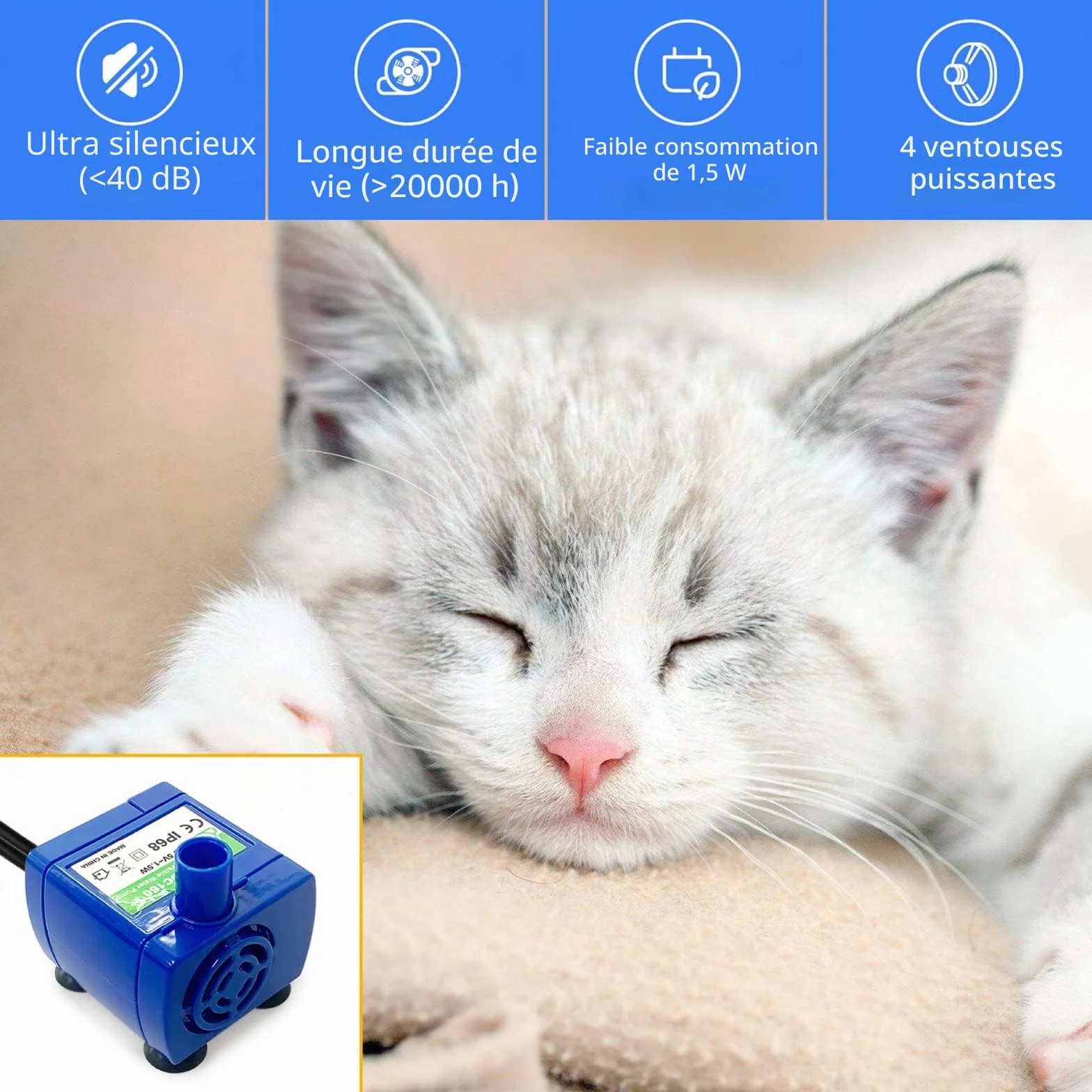 Pompe de Rechange pour Chat Fontaine à Eau en Acier Inoxydable Ultra silencieuse avec LED USB