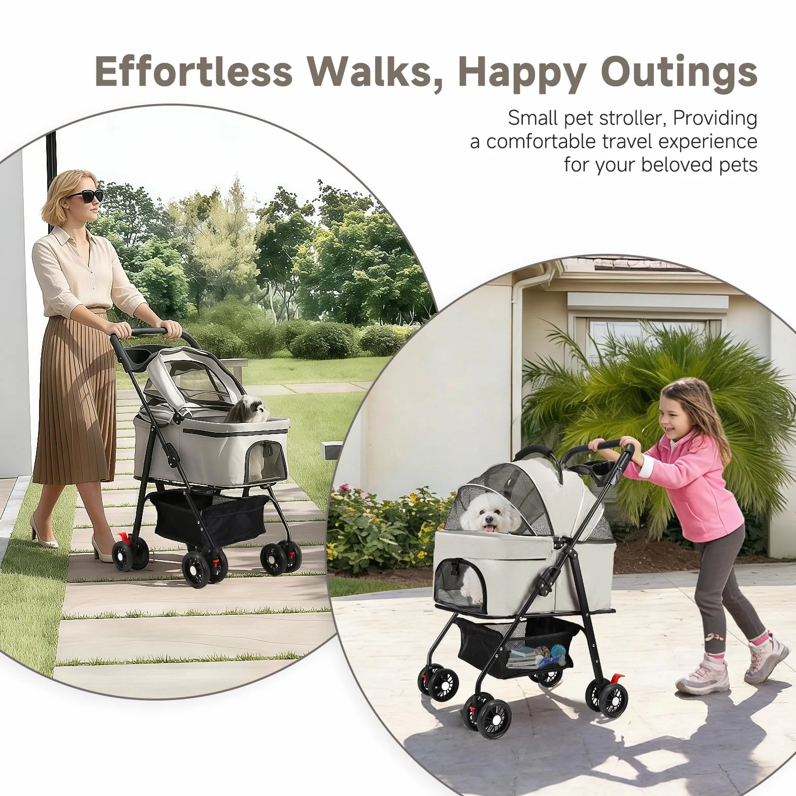 Poussette Pour Chiens et Chats De Petite Taille avec 4 Roues, Poussette 3 En 1 Pliable avec Nacelle Amovible, Mesh Respirant, Panier De Rangement et Porte-Gobelet, Jusqu'à 15 kg