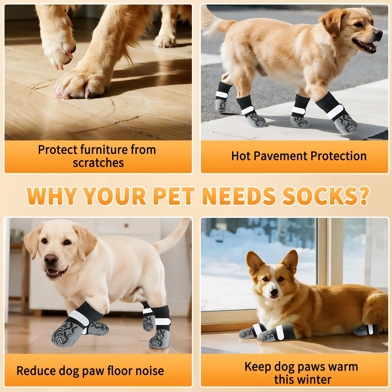 Kiiwah 2 Paires Chaussette Chien Antidérapantes Double Face, Anti-léchage Chaussettes Chien avec Fermeture Autocollant Réglable pour l'intérieur et l'extérieur