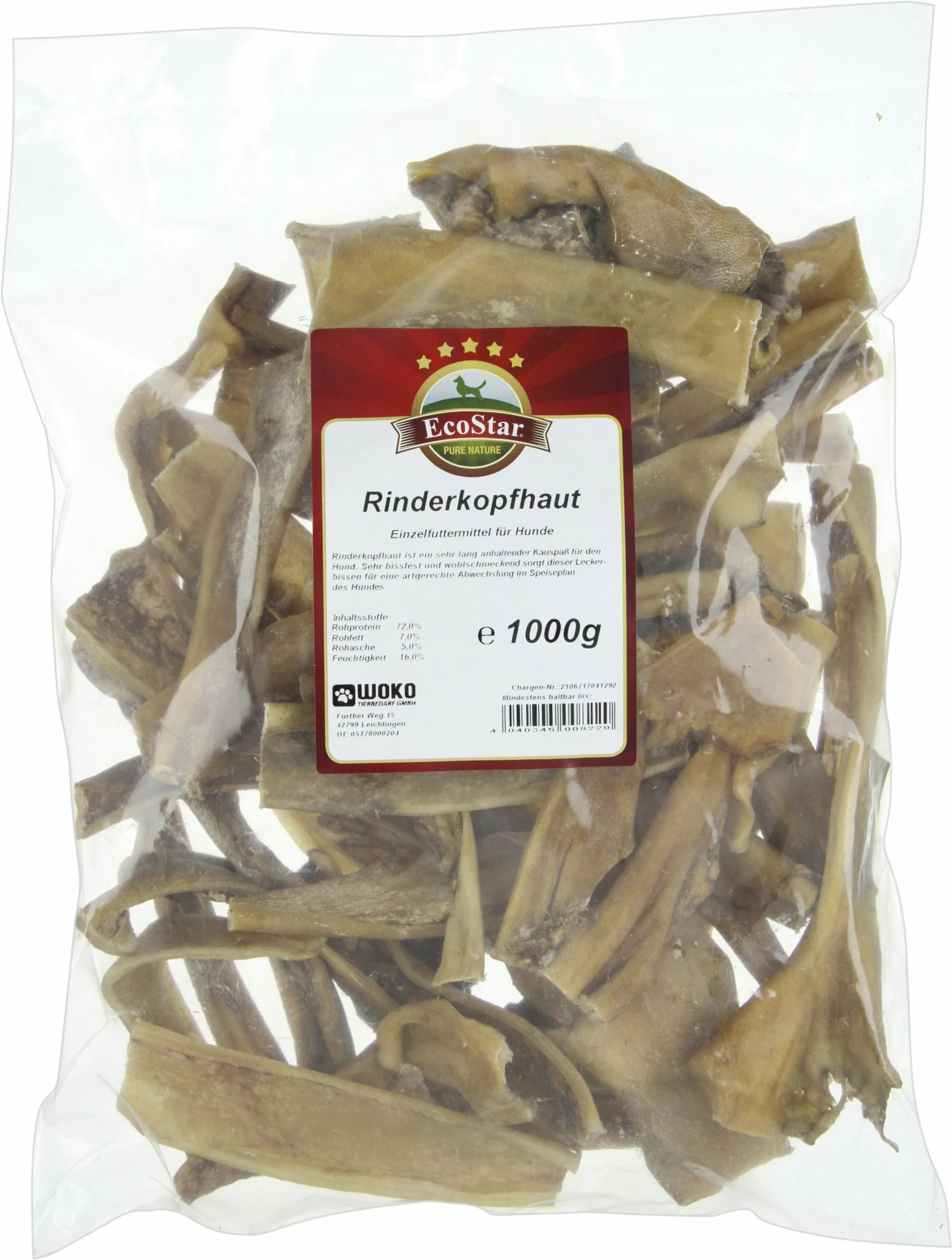 ECOSTAR CHIENS Friandise Peau de tête de bœuf 1kg, 1 pièce Pack