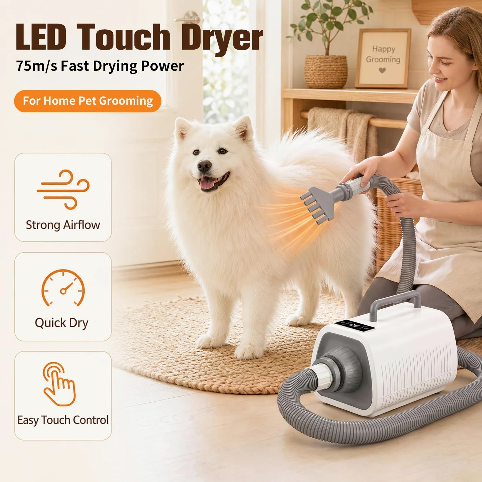 Sèche-cheveux pour chien avec écran tactile LED | Vitesse du vent et températures réglables, 3 buses différentes