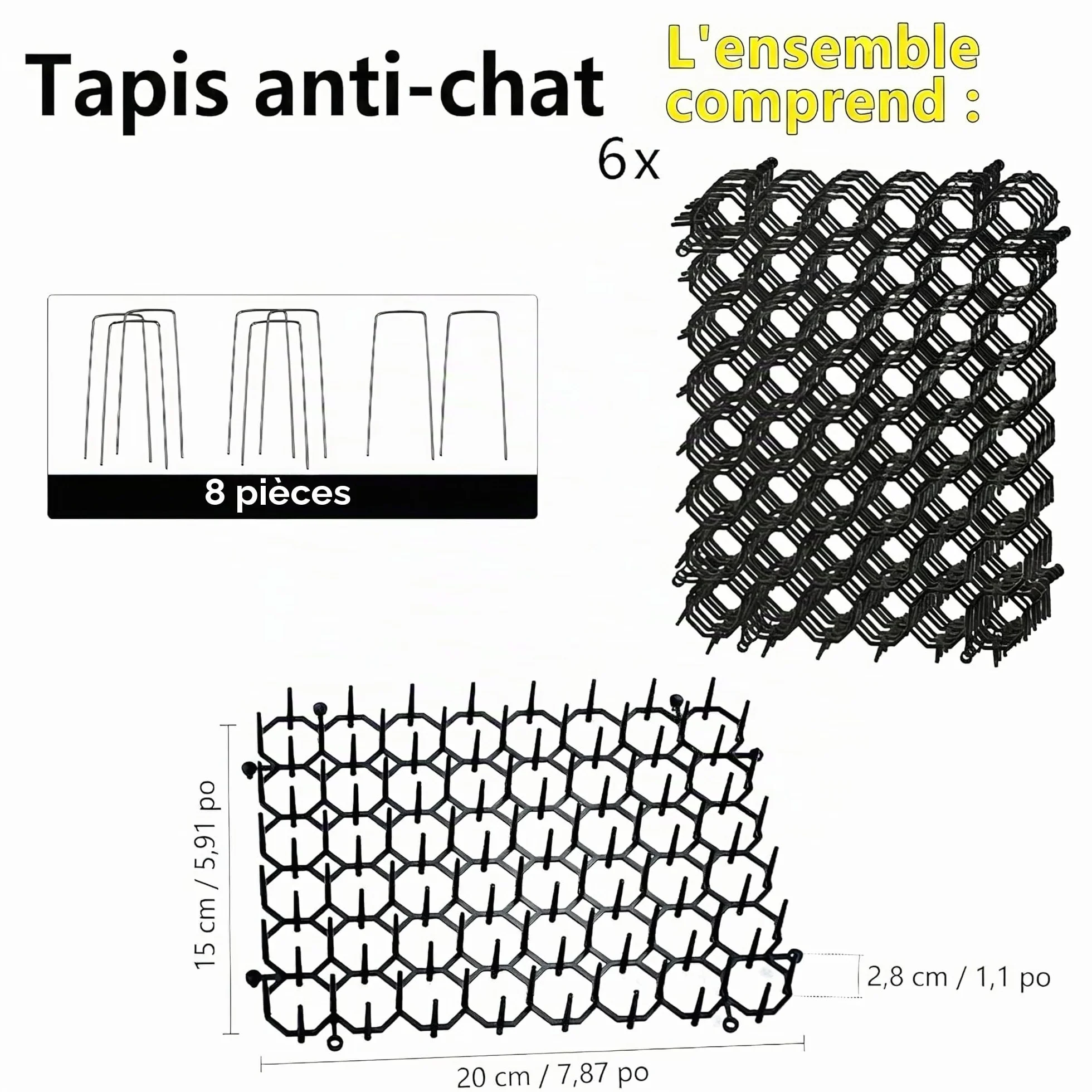 Tapis Anti Chat à Picots Lot de 6 20x15cm Répulsif Chat avec Piquets Fixation Grille Dissuasive Jardin Canapé Plantes Barrière Intérieur Extérieur