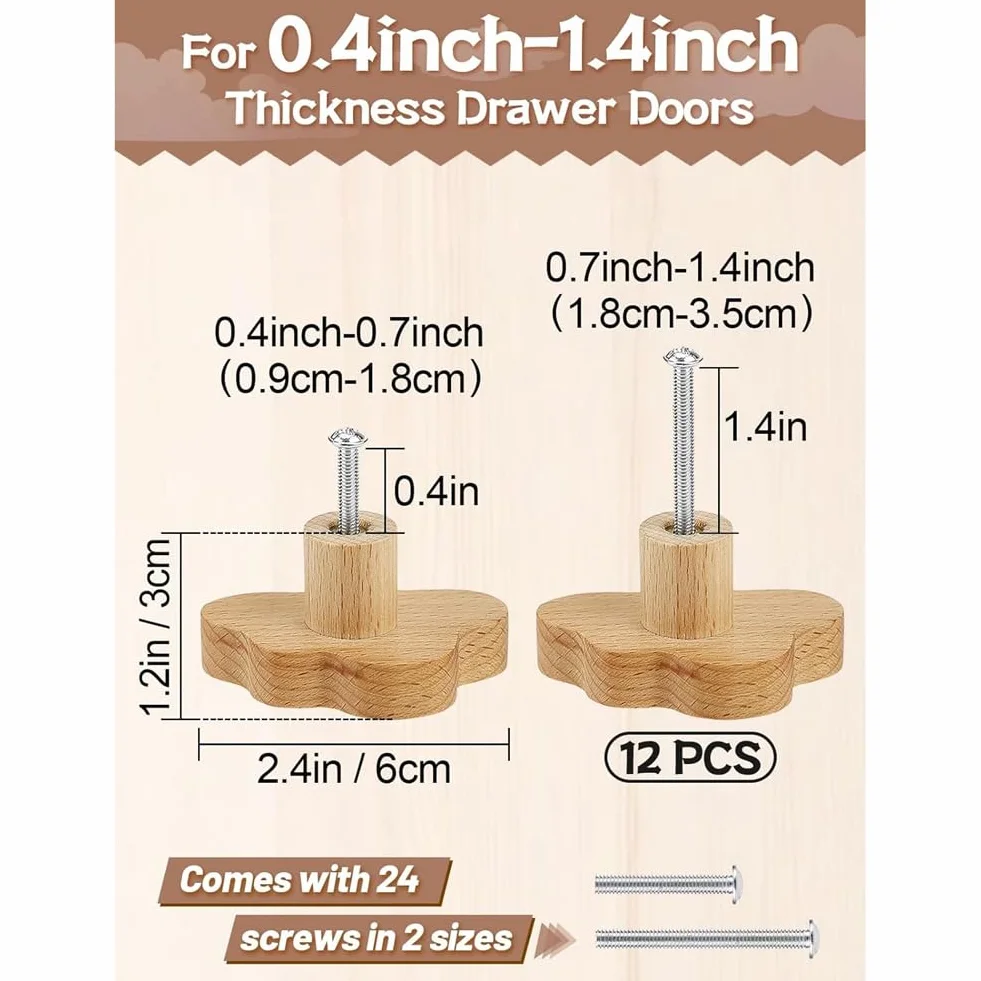 Boutons d'armoire design nuage en bois pour chambre d'enfant, bohème, lot de 12 avec vis