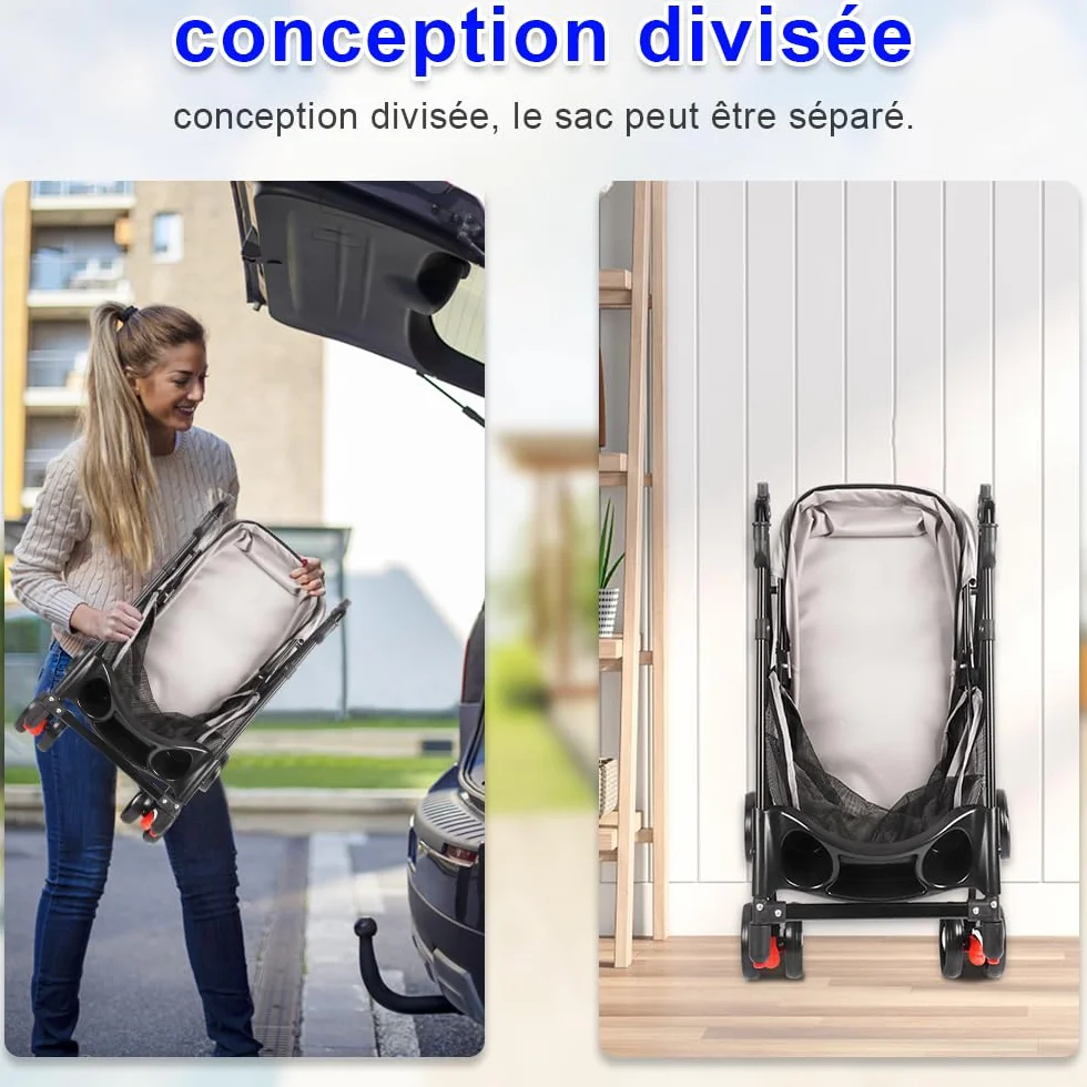 Poussette de voyage pliable pour chiens et chats avec roues, porte-gobelet, auvent réglable, grand panier