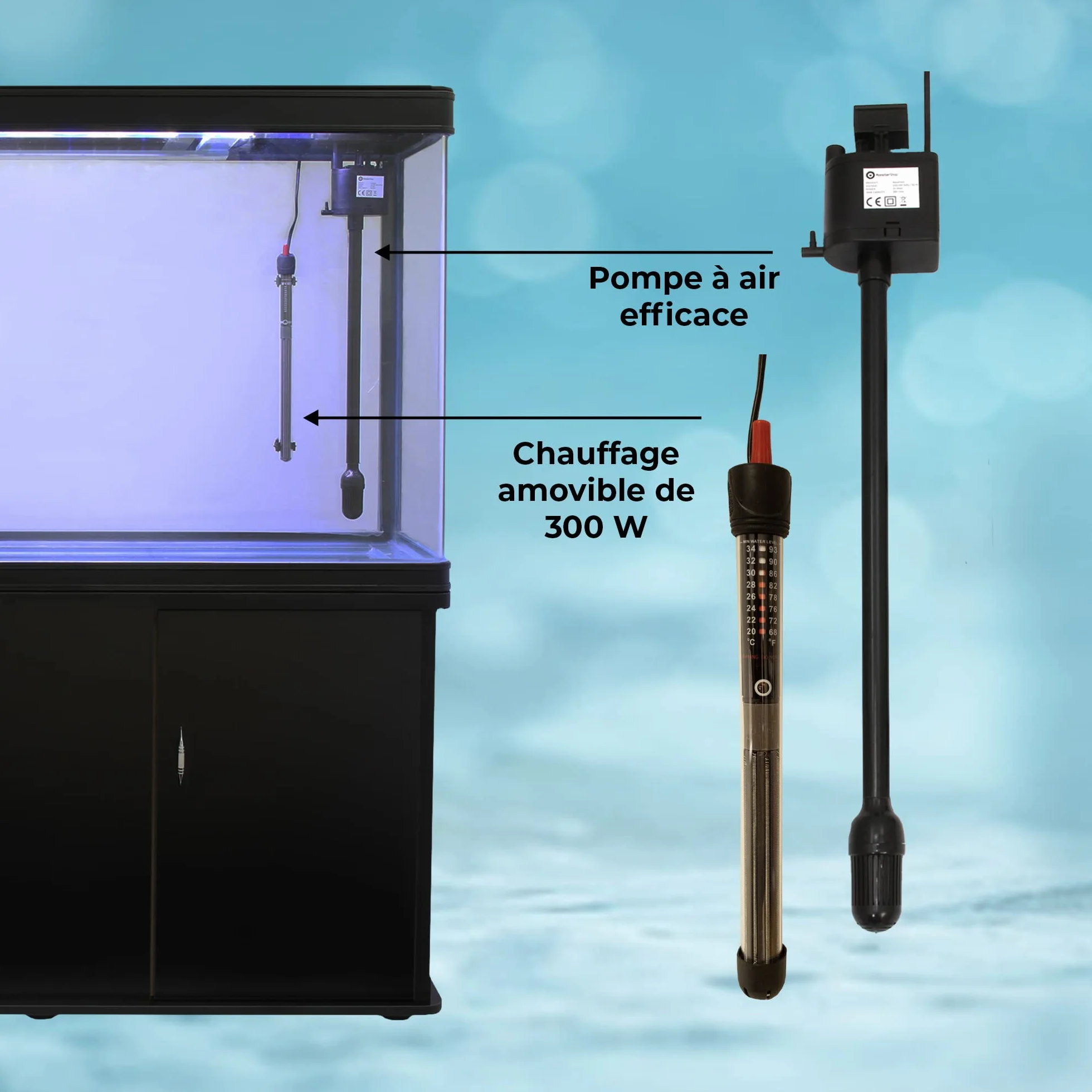 Aquarium Noir 300L Kit Démarrage Meuble 143,5x120,5x39cm Graviers Bleu