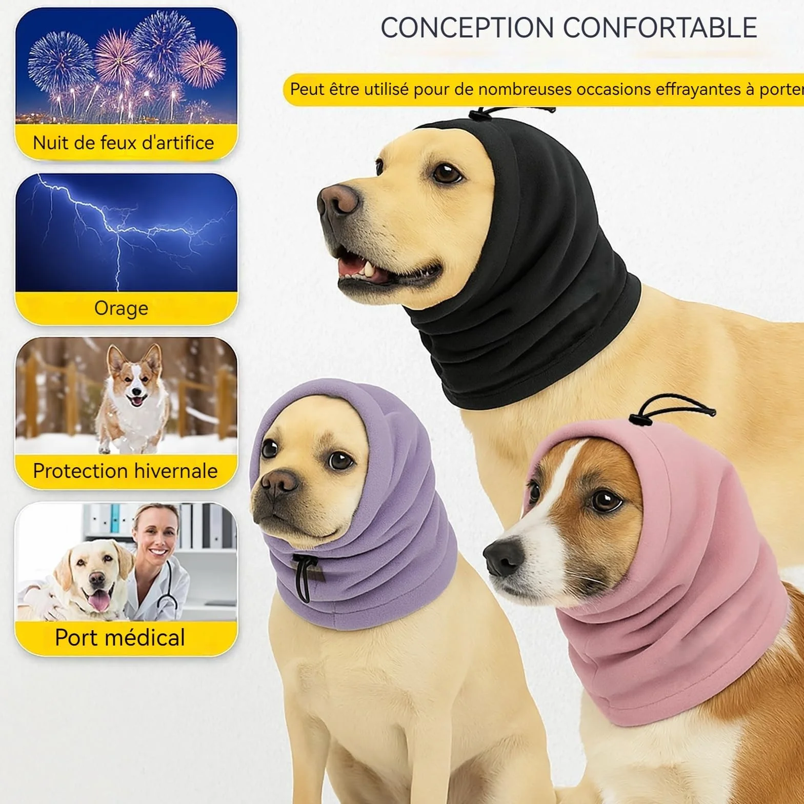 Protège-Oreilles Colenumone Dog Snood - Capuche apaisante et Cache-Cou/Oreille avec Pince réglable, pour Le soulagement de l'anxiété, Les Soins et Le Froid, (Noir,M)