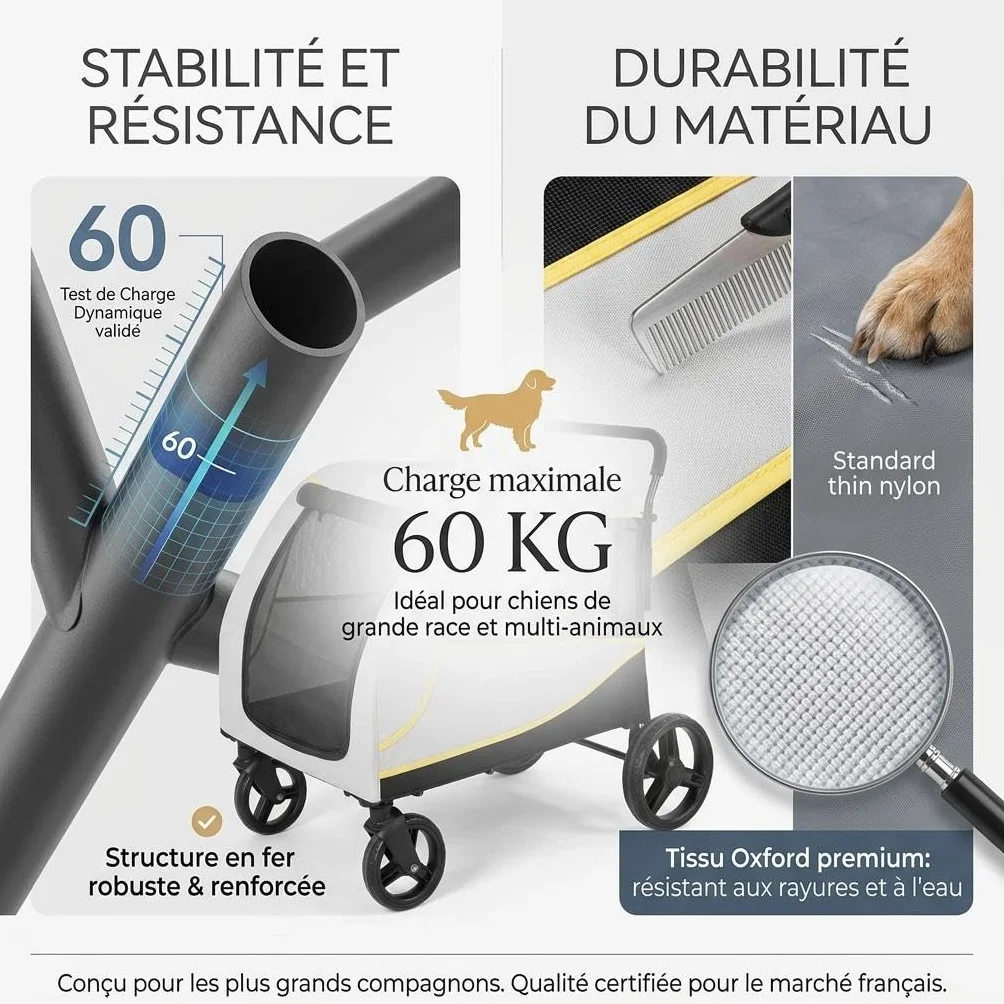 Poussette pour Chien Chat, Charge 60 kg, Chariot de Transport Pliable 4 Roues avec Double Frein, Laisse de Sécurité, Portes Avant et Arrière pour Accès Facile, Coussin et Poches, Résistant