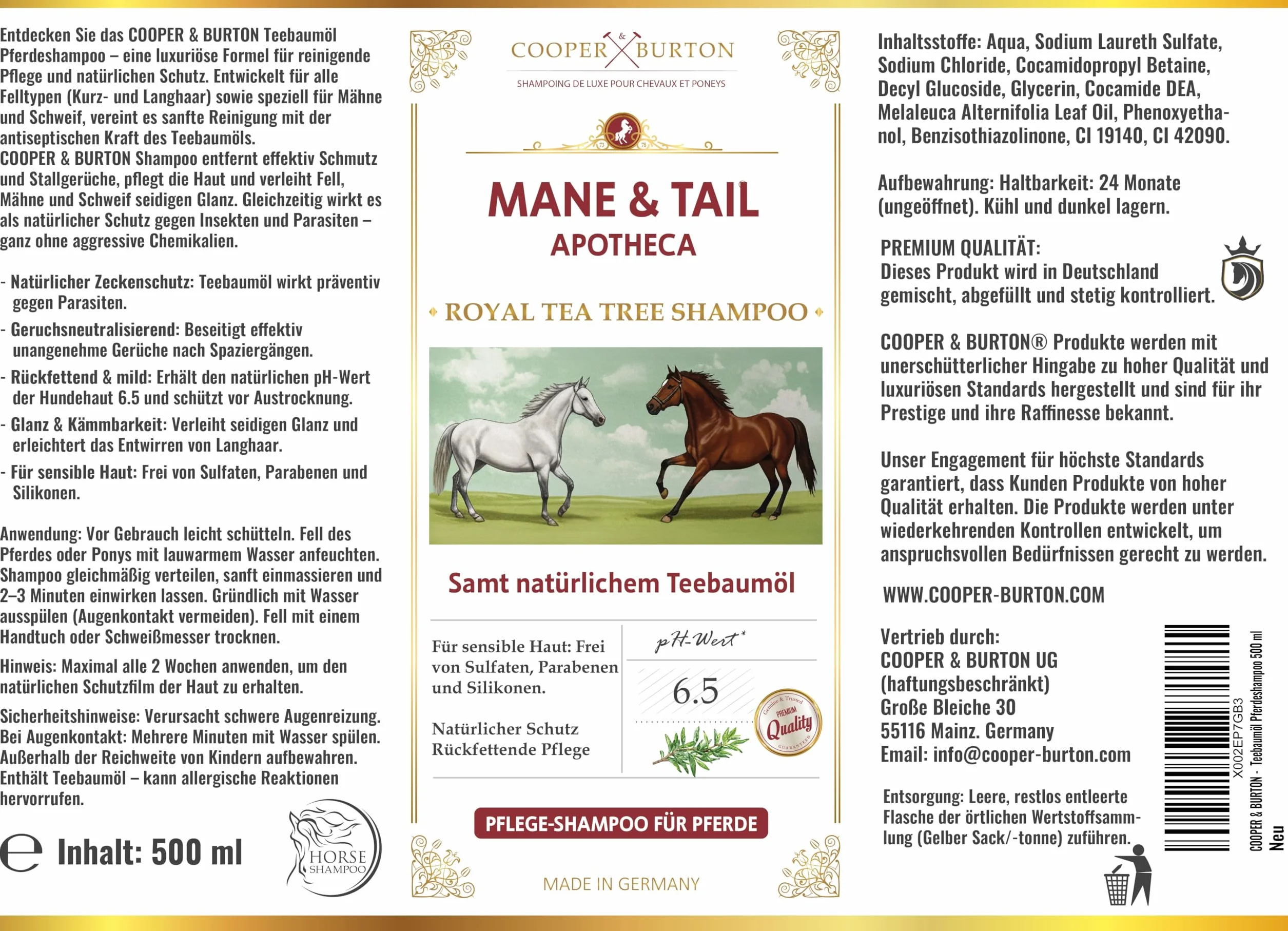 COOPER & BURTON Huile d'arbre à thé Shampoing pour chevaux et poneys 500 ml pH neutre