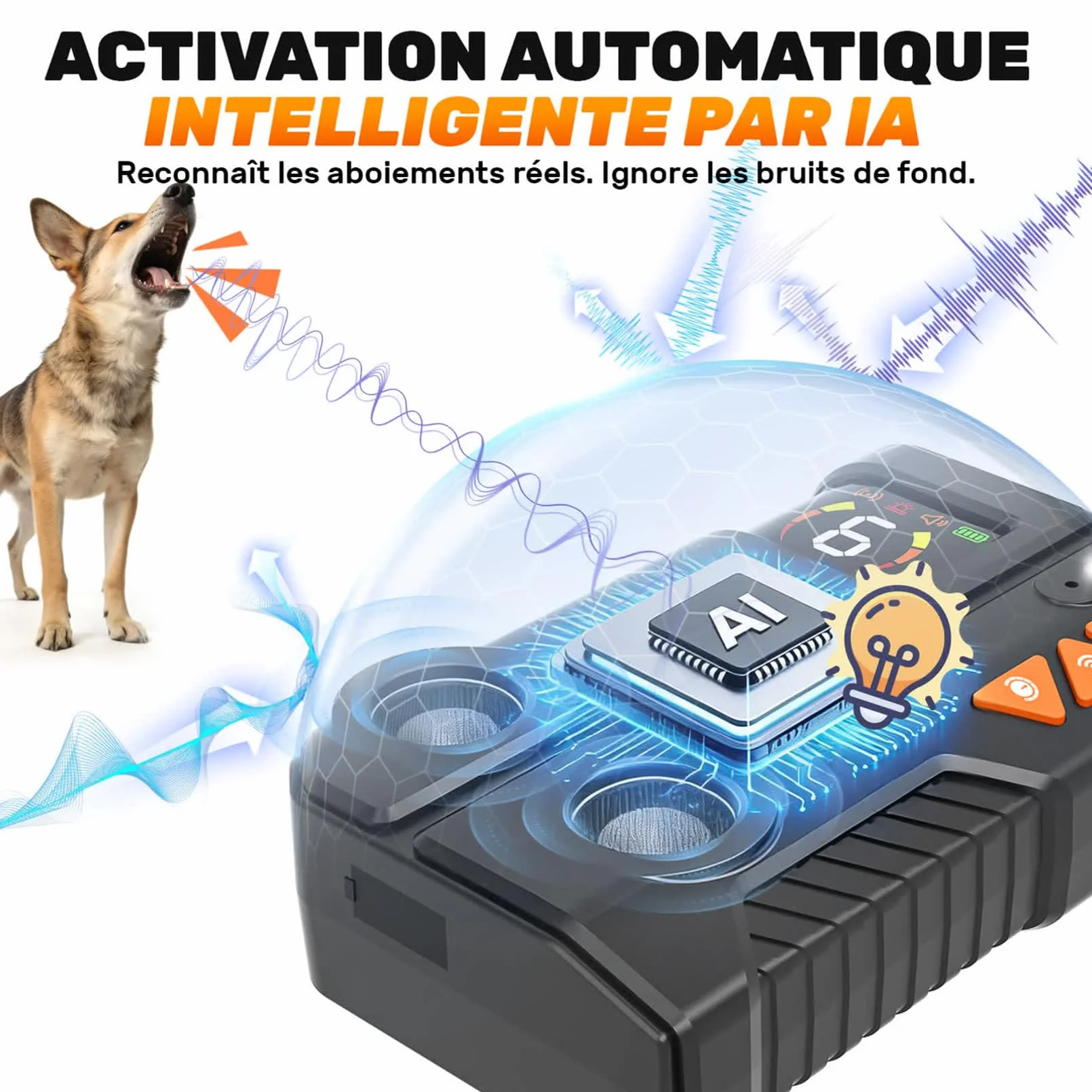 Anti Aboiement Chien Ultrason Puissant AI 2 Émetteur 6 Sensibilités 3 Intensités IPX6 Rechargeable