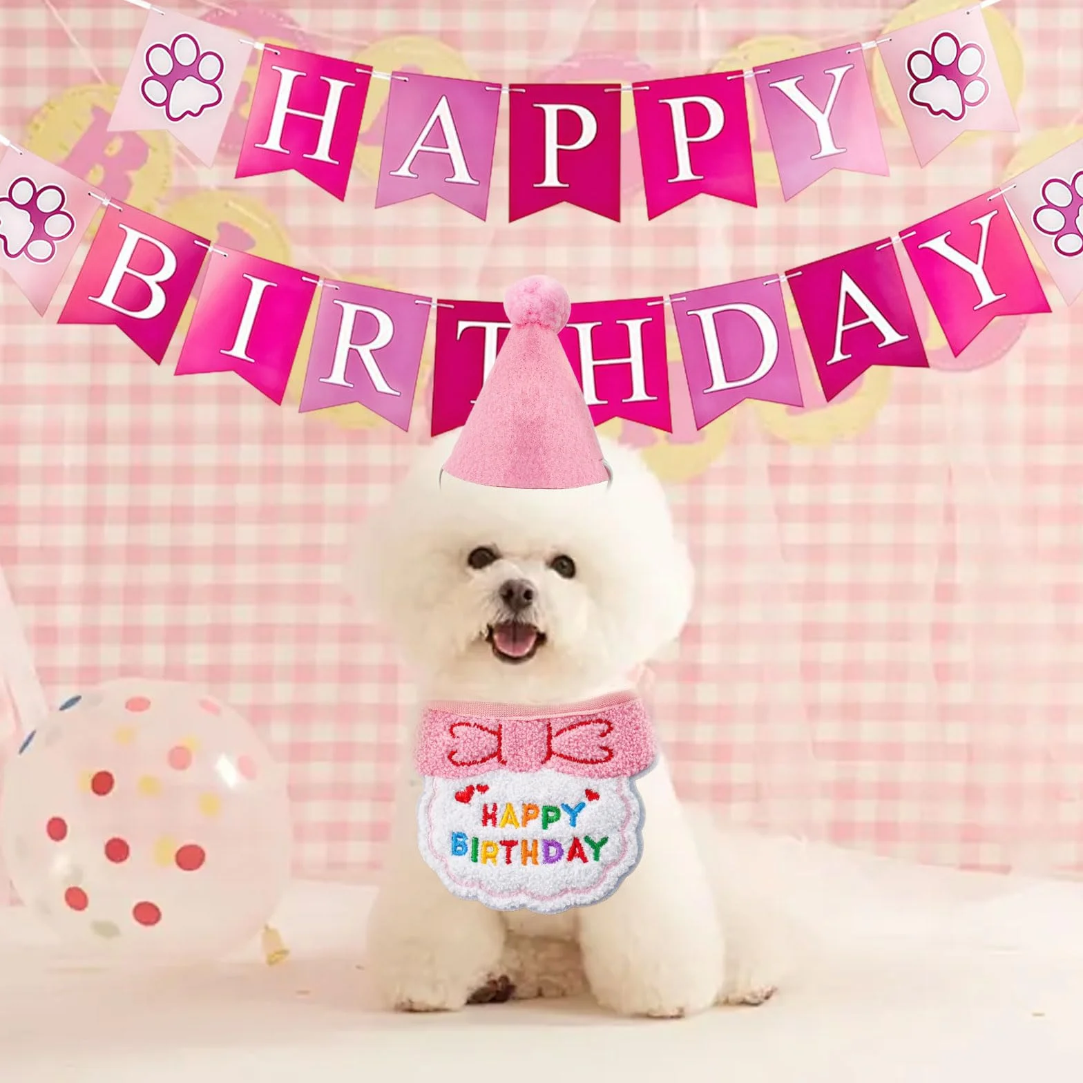SSKHE 3PCS Chapeau Écharpe Bannière d'anniversaire pour Petit Chien Chat, Fournitures De Fête d'anniversaire pour Kitten, Décorations Kit De Décoration Brodées avec Nœud Papillon (Pink, One Size)