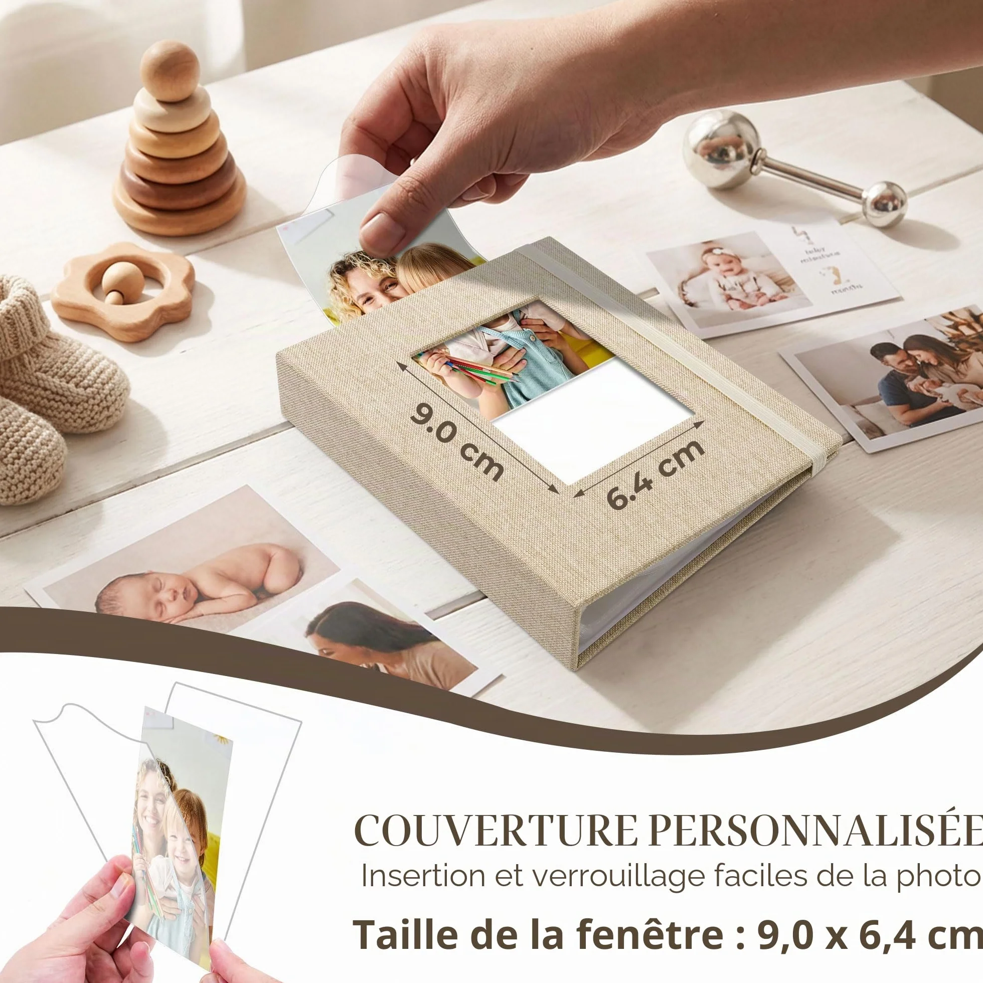 Petit Album Photo 10x15 cm, 2 Paquets Mini Albums Photos avec Fenêtre Personnalisée, Couverture en Lin, 26 Poches 52 Photos, Beige