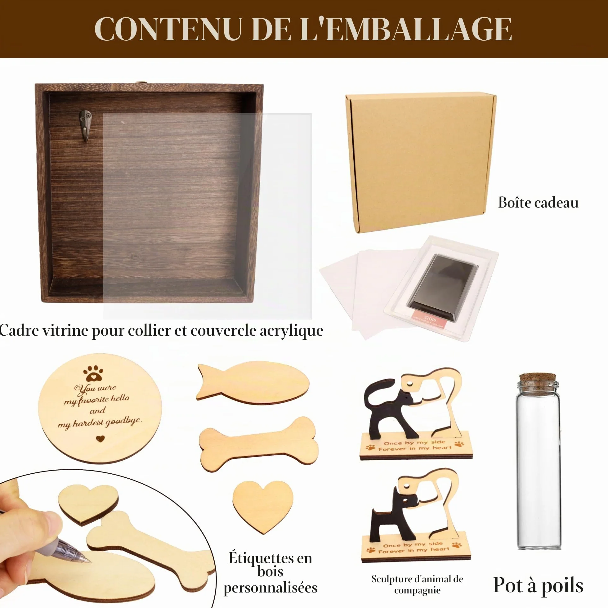 Cadre Vitrine Souvenir Chien Chat Boîte à Ombre Commémorative pour Collier Décédé, Cadre Photo avec Flacon Poils Cendres, Plaque Nominative Bois